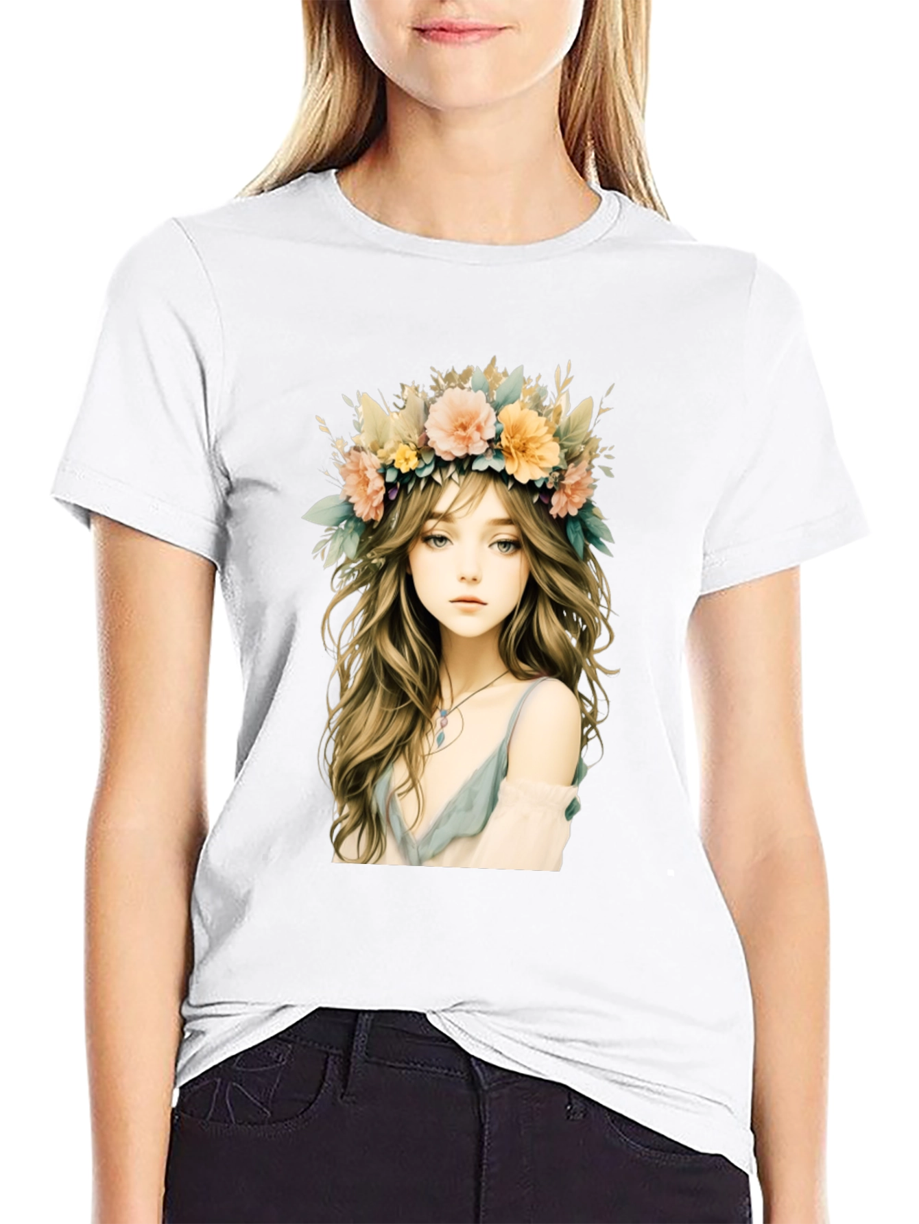 Floral Crown Girl Graphic Black T-Shirt