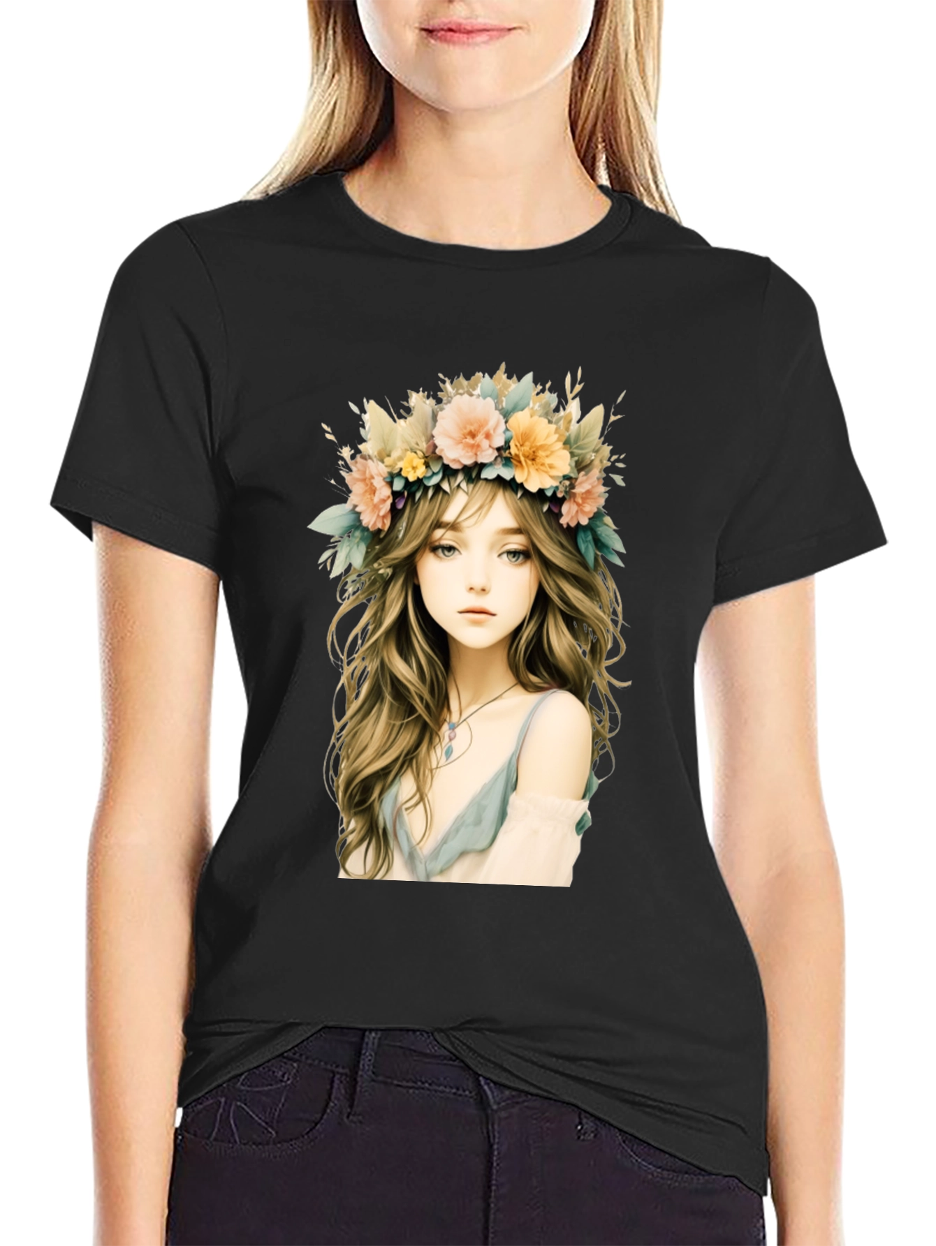 Floral Crown Girl Graphic Black T-Shirt