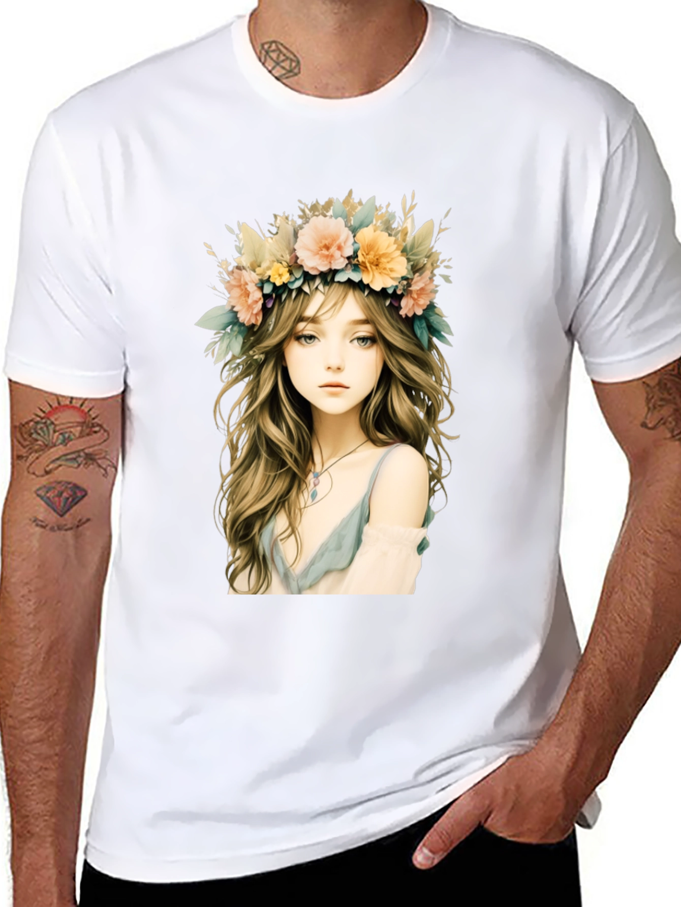 Floral Crown Girl Graphic Black T-Shirt