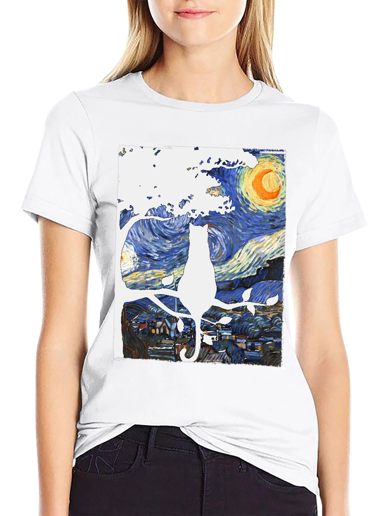 Starry Night Cat T-Shirt - Artistic Unisex Tee