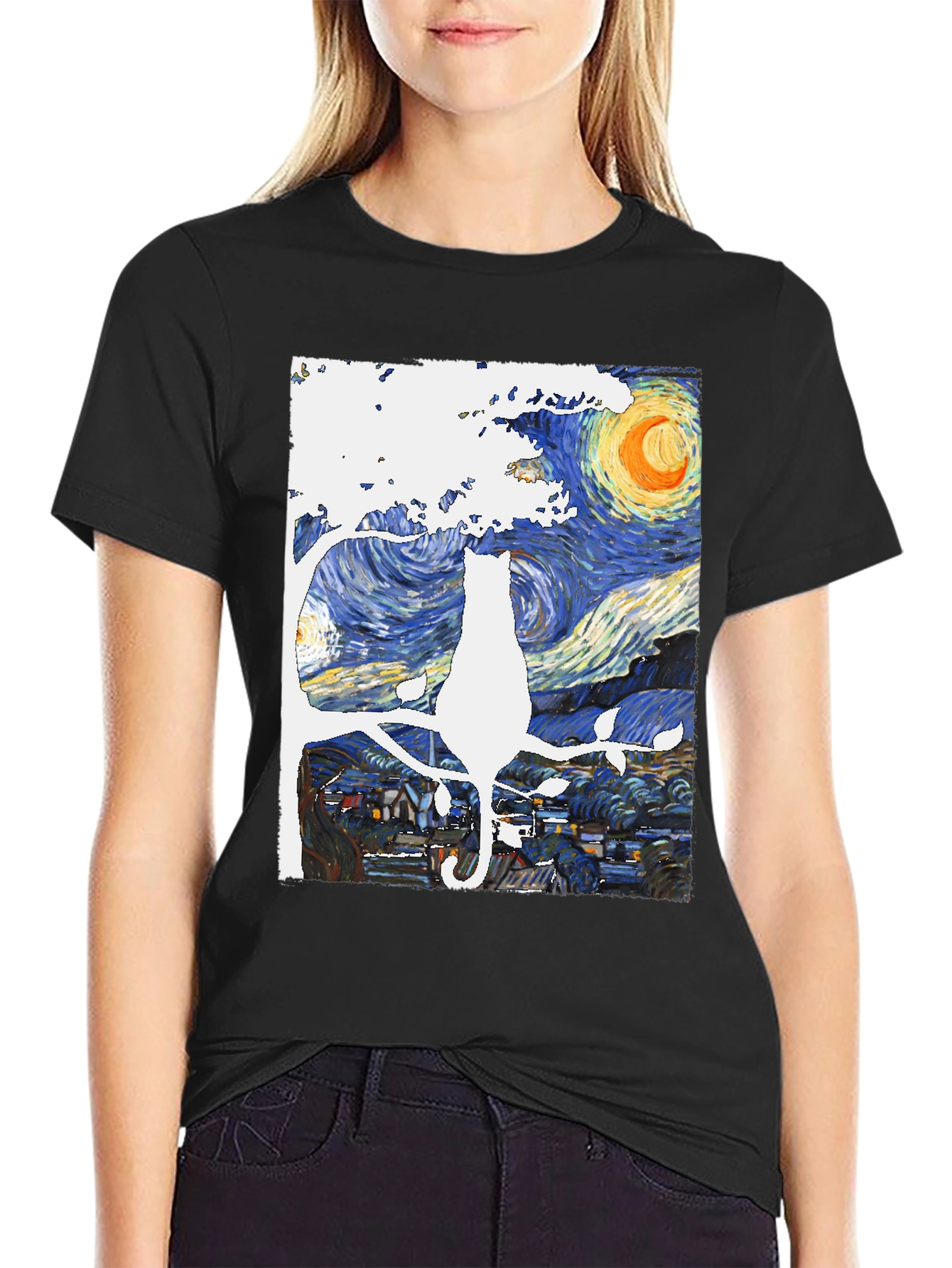 Starry Night Cat T-Shirt - Artistic Unisex Tee