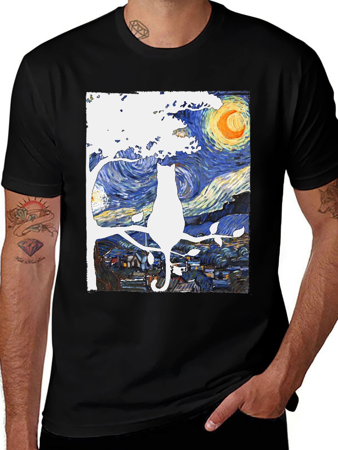 Starry Night Cat T-Shirt - Artistic Unisex Tee