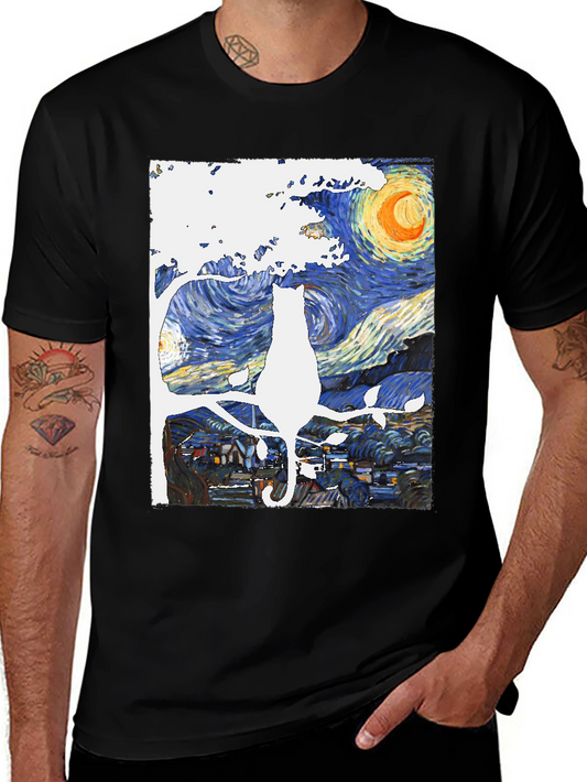 Starry Night Cat T-Shirt - Artistic Unisex Tee