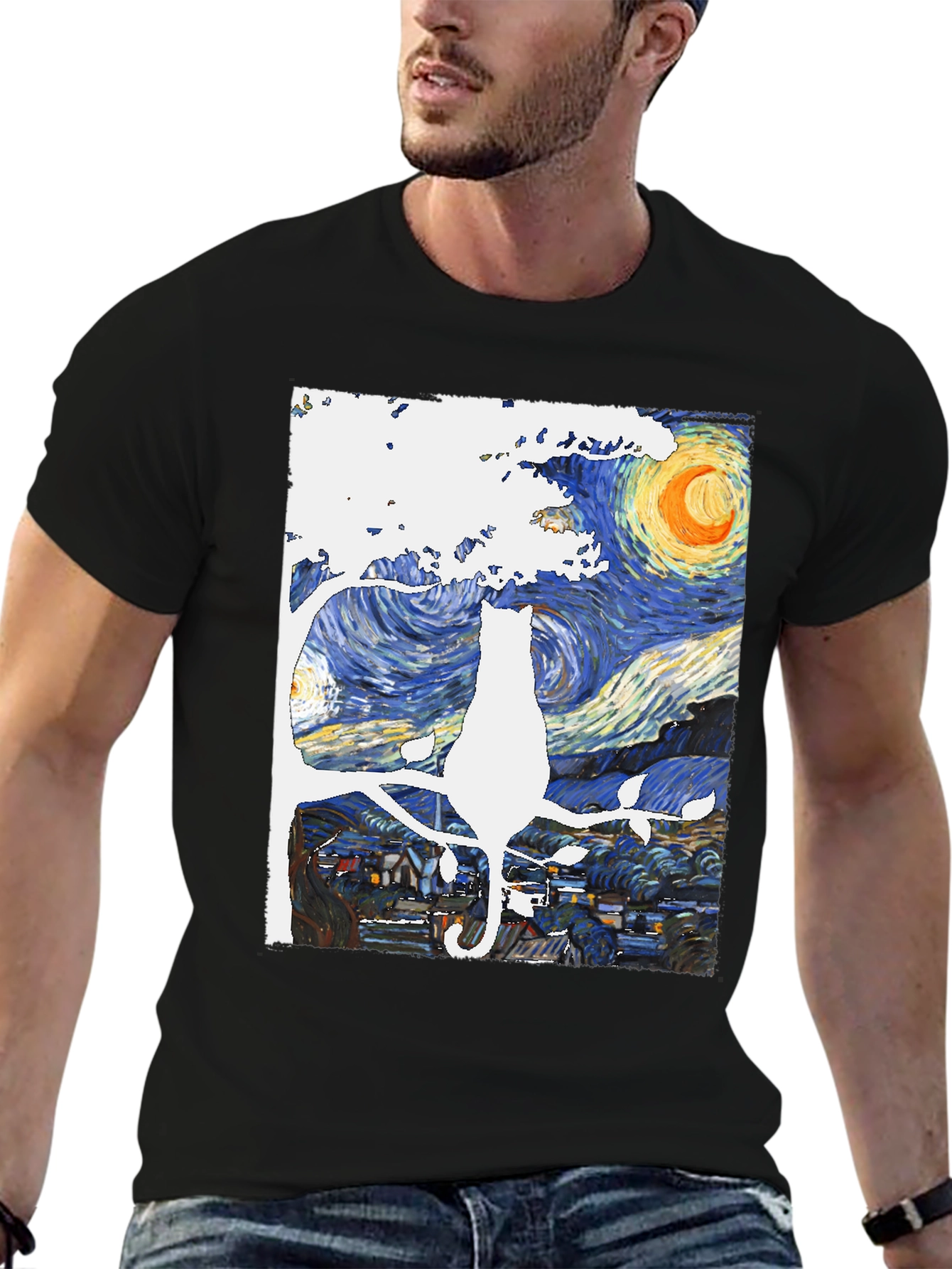 Starry Night Cat T-Shirt - Artistic Unisex Tee