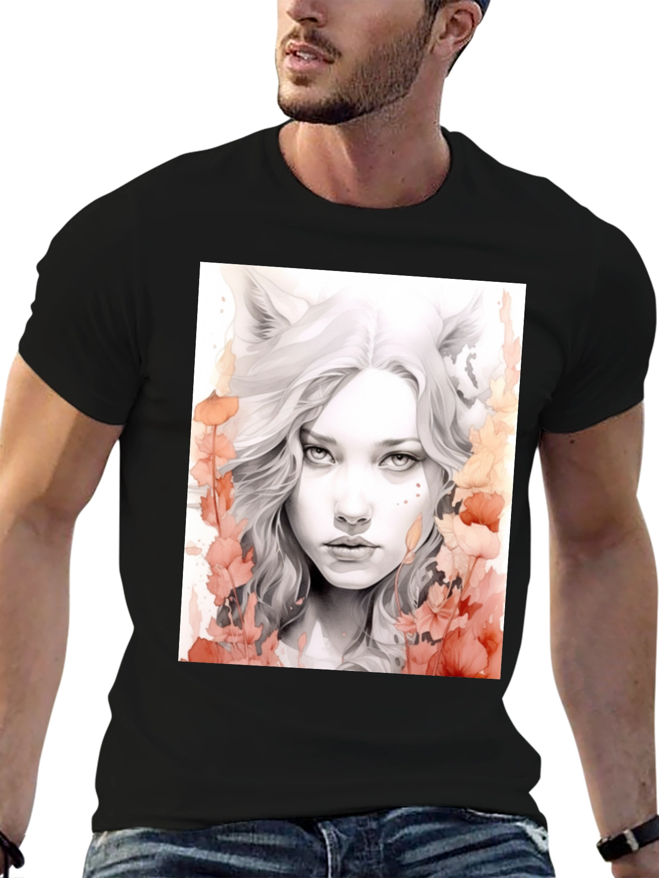 Wolf Girl Graphic Tee - Black Cotton T-Shirt