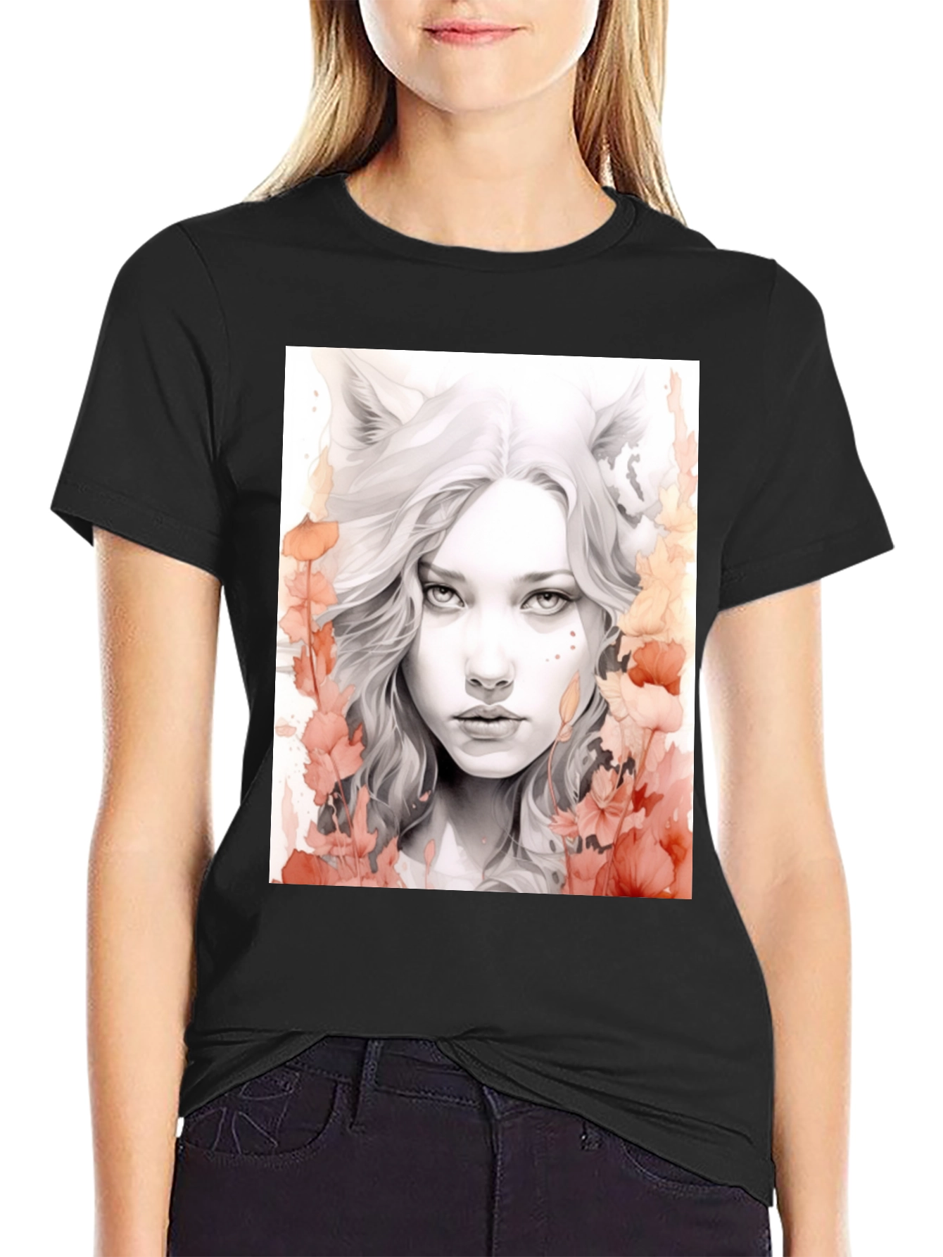 Wolf Girl Graphic Tee - Black Cotton T-Shirt