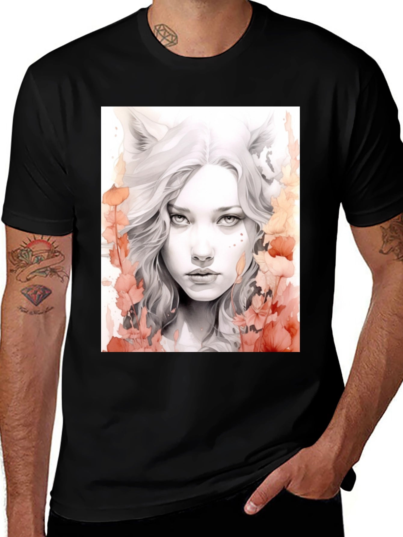 Wolf Girl Graphic Tee - Black Cotton T-Shirt