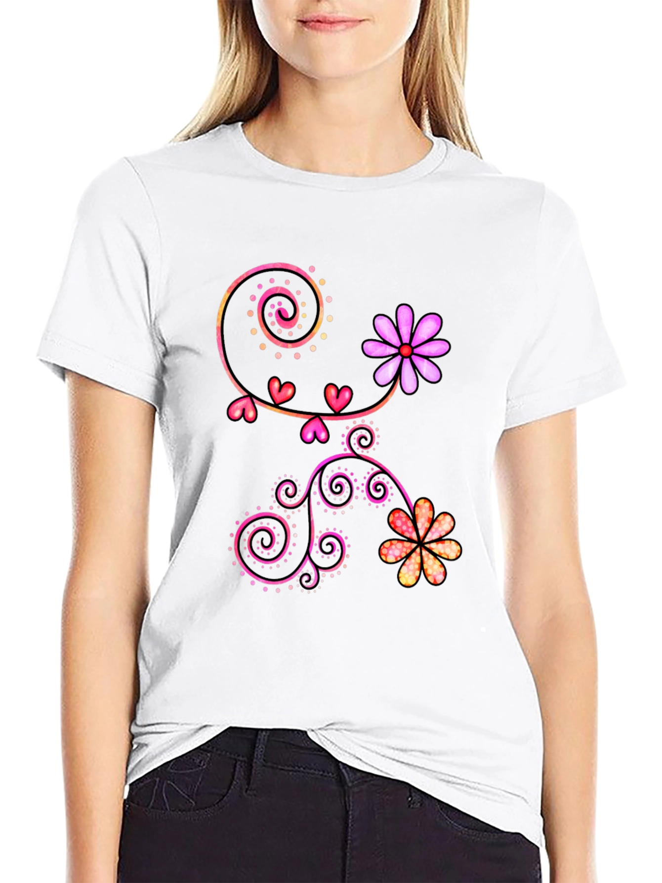 Floral Heart Swirl Graphic Black T-Shirt