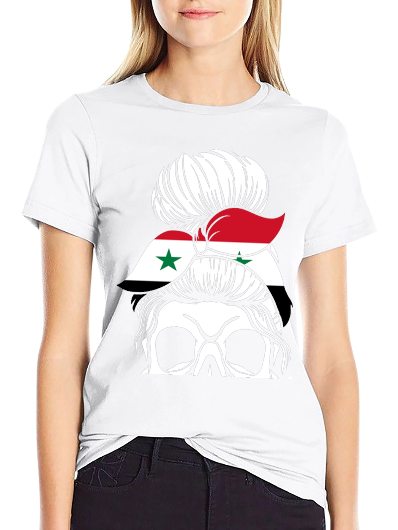 Skull Messy Bun Syria Flag T-Shirt
