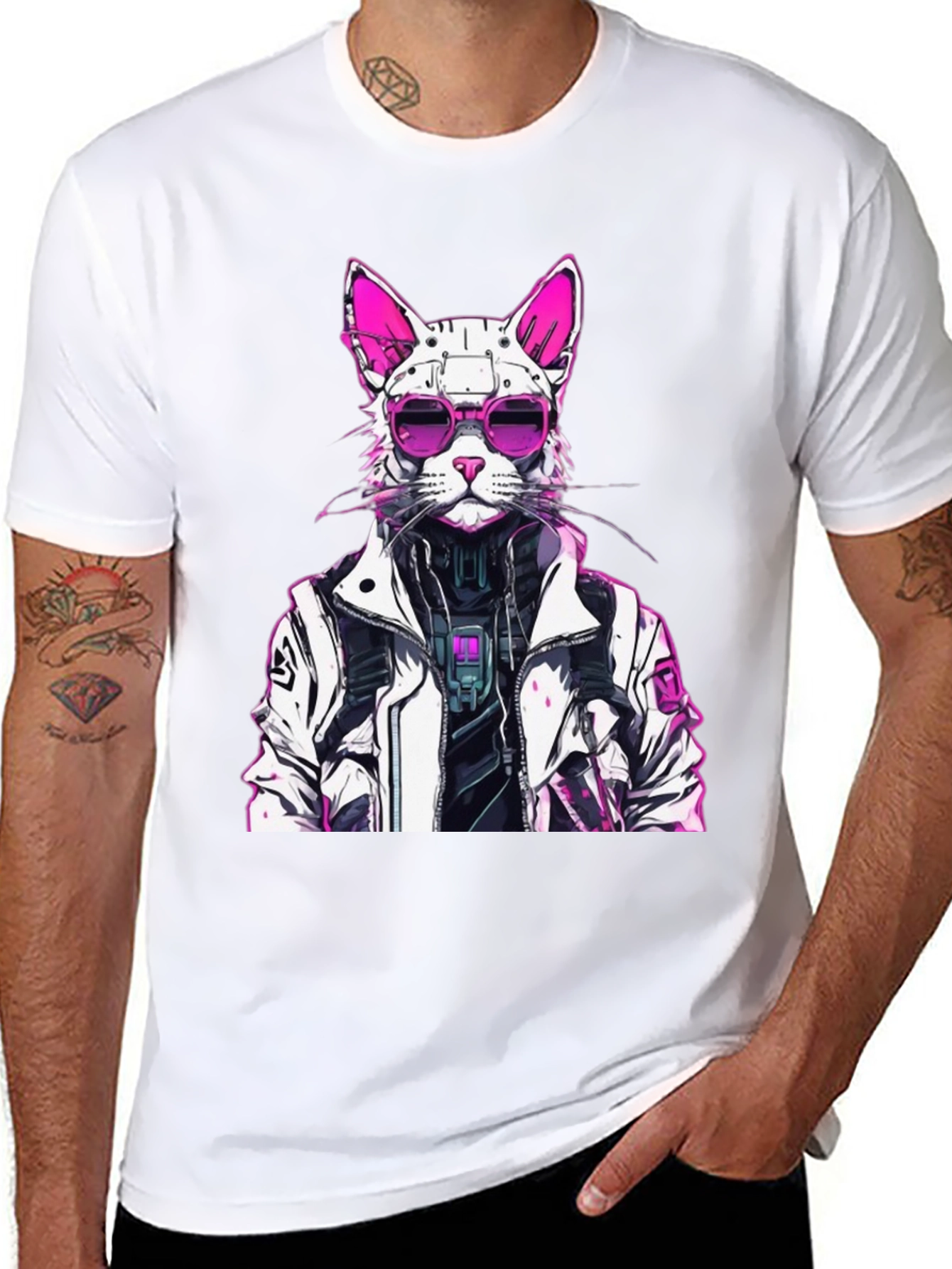 Cyberpunk Cat Graphic Tee - Futuristic Feline Style