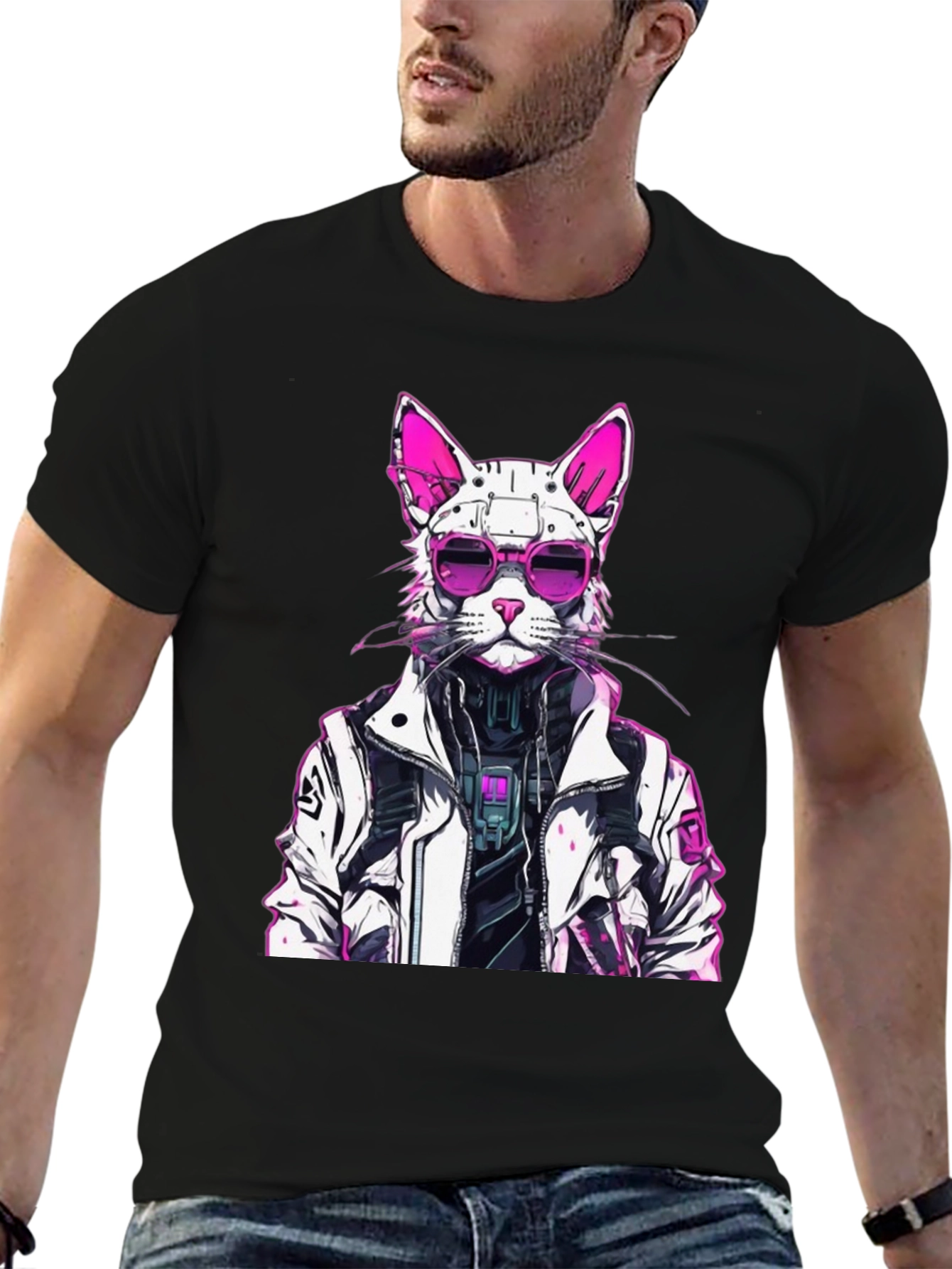Cyberpunk Cat Graphic Tee - Futuristic Feline Style