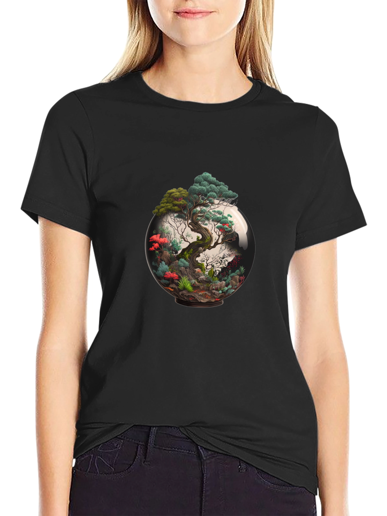 Bonsai Tree Terrarium Graphic Black T-Shirt