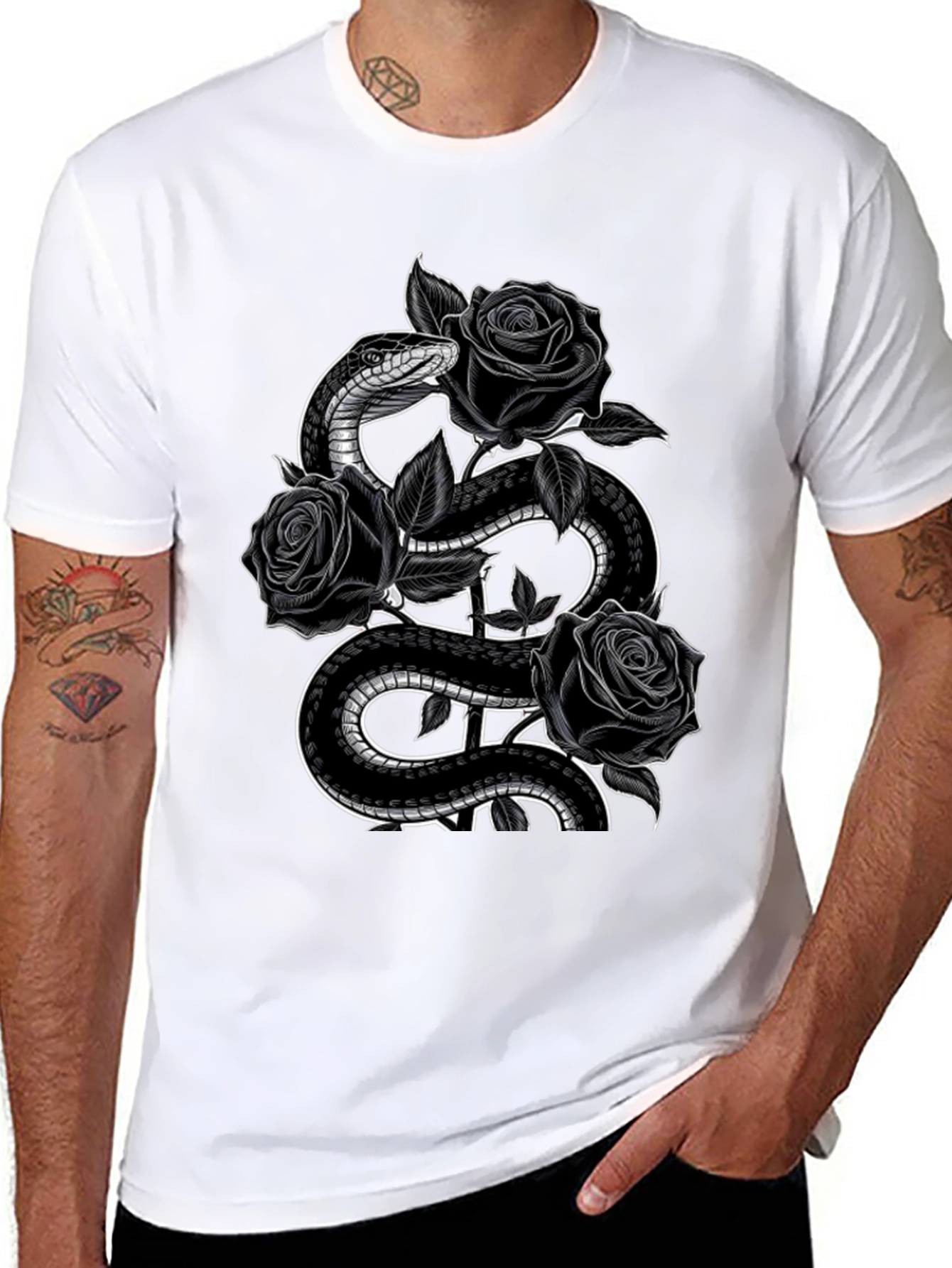 Snake and Roses Graphic Print Black T-Shirt