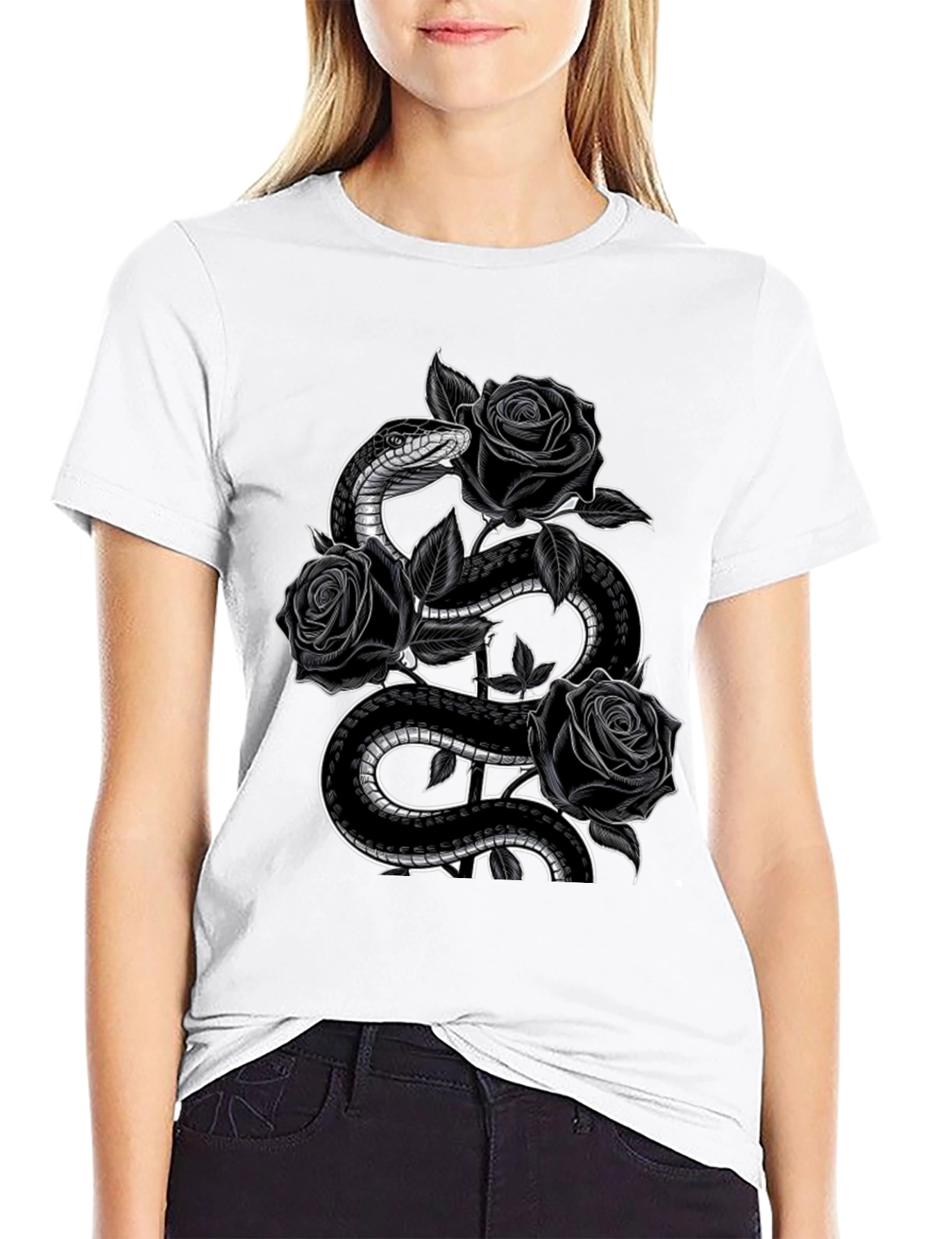 Snake and Roses Graphic Print Black T-Shirt