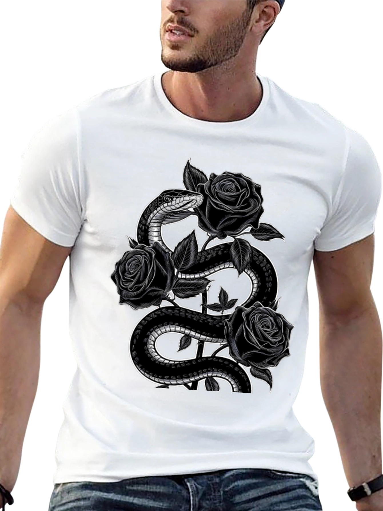 Snake and Roses Graphic Print Black T-Shirt