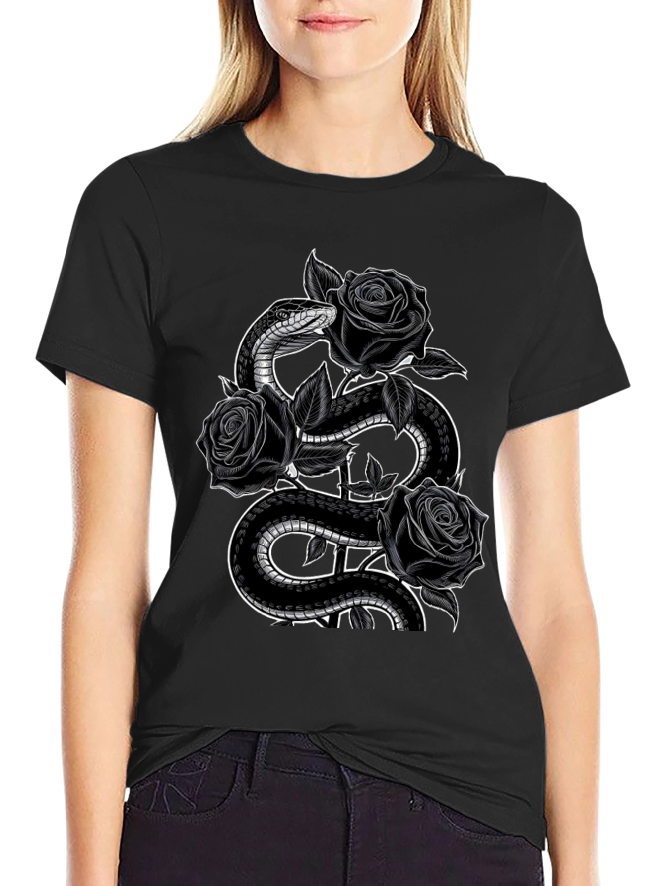 Snake and Roses Graphic Print Black T-Shirt