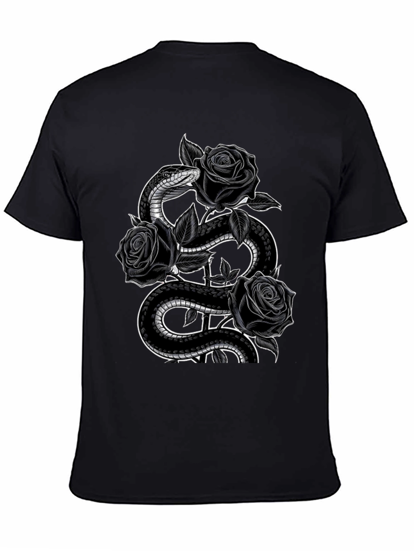 Snake and Roses Graphic Print Black T-Shirt