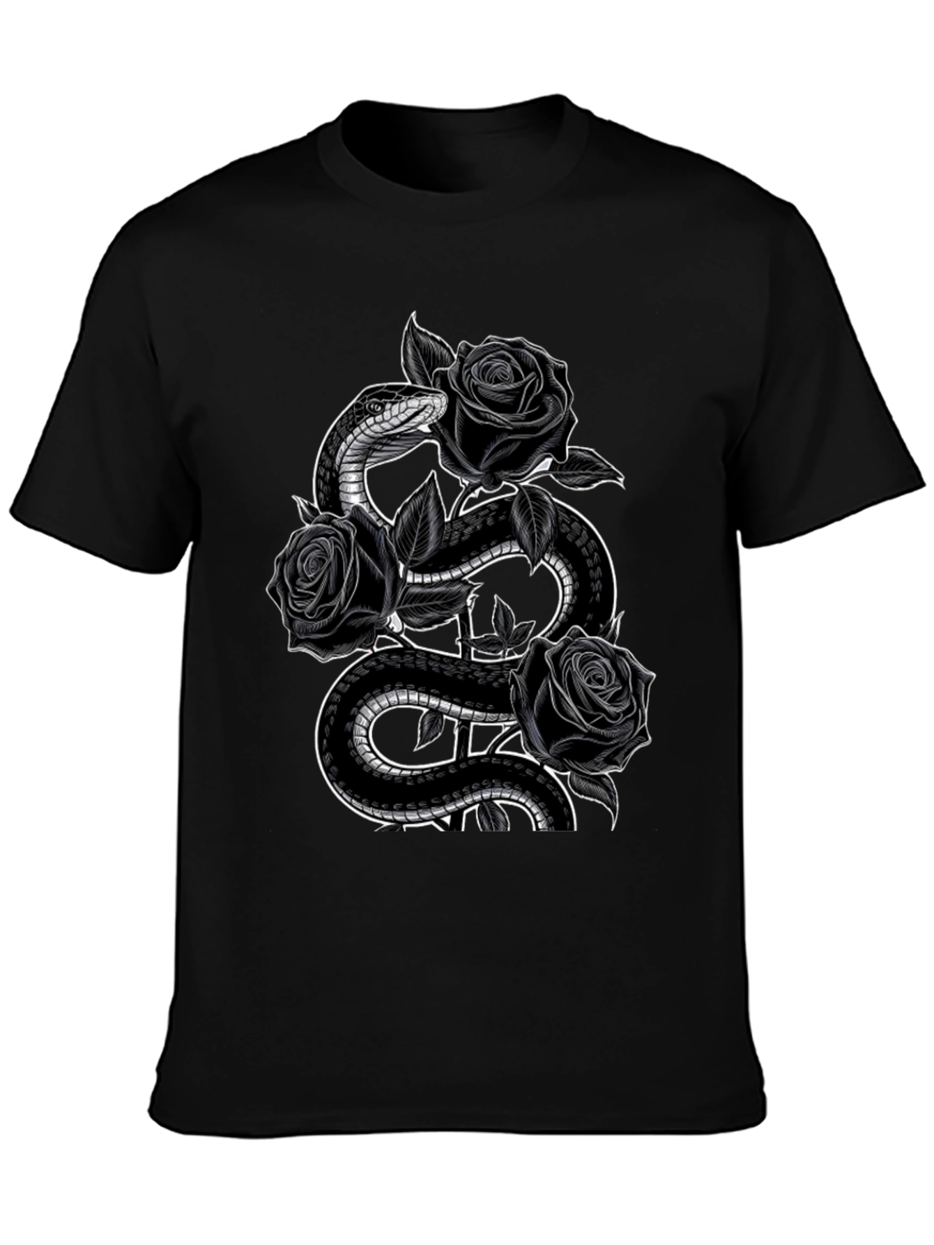 Snake and Roses Graphic Print Black T-Shirt