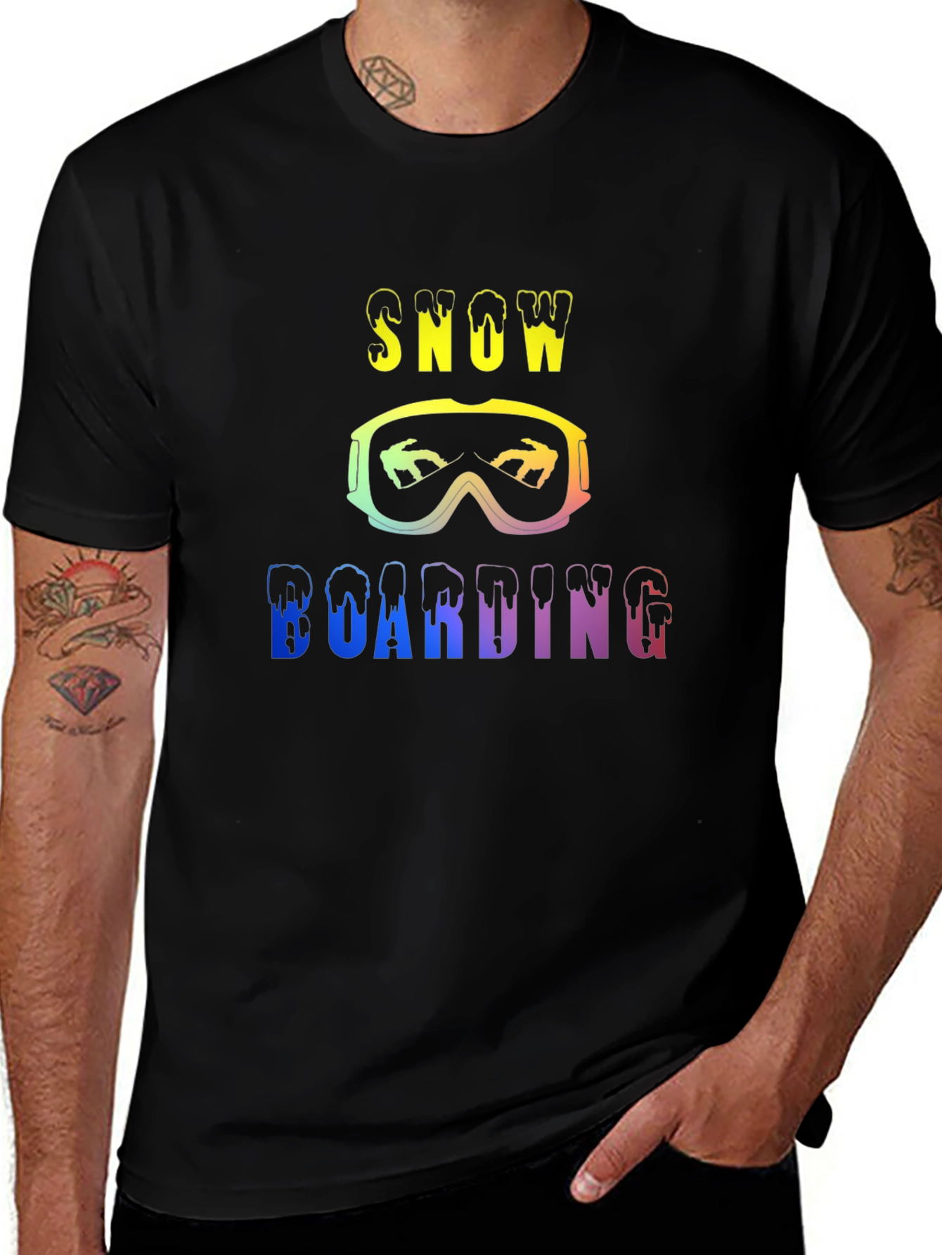 Snow Boarding Rainbow Graphic Black T-Shirt