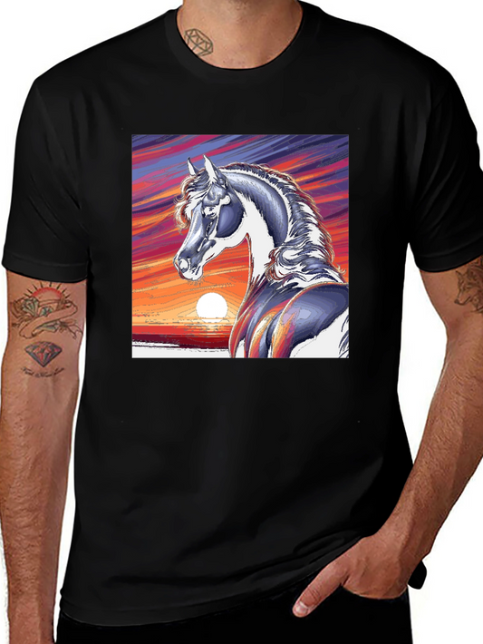 Horse Sunset Graphic Tee - Stylish Black Cotton T-Shirt