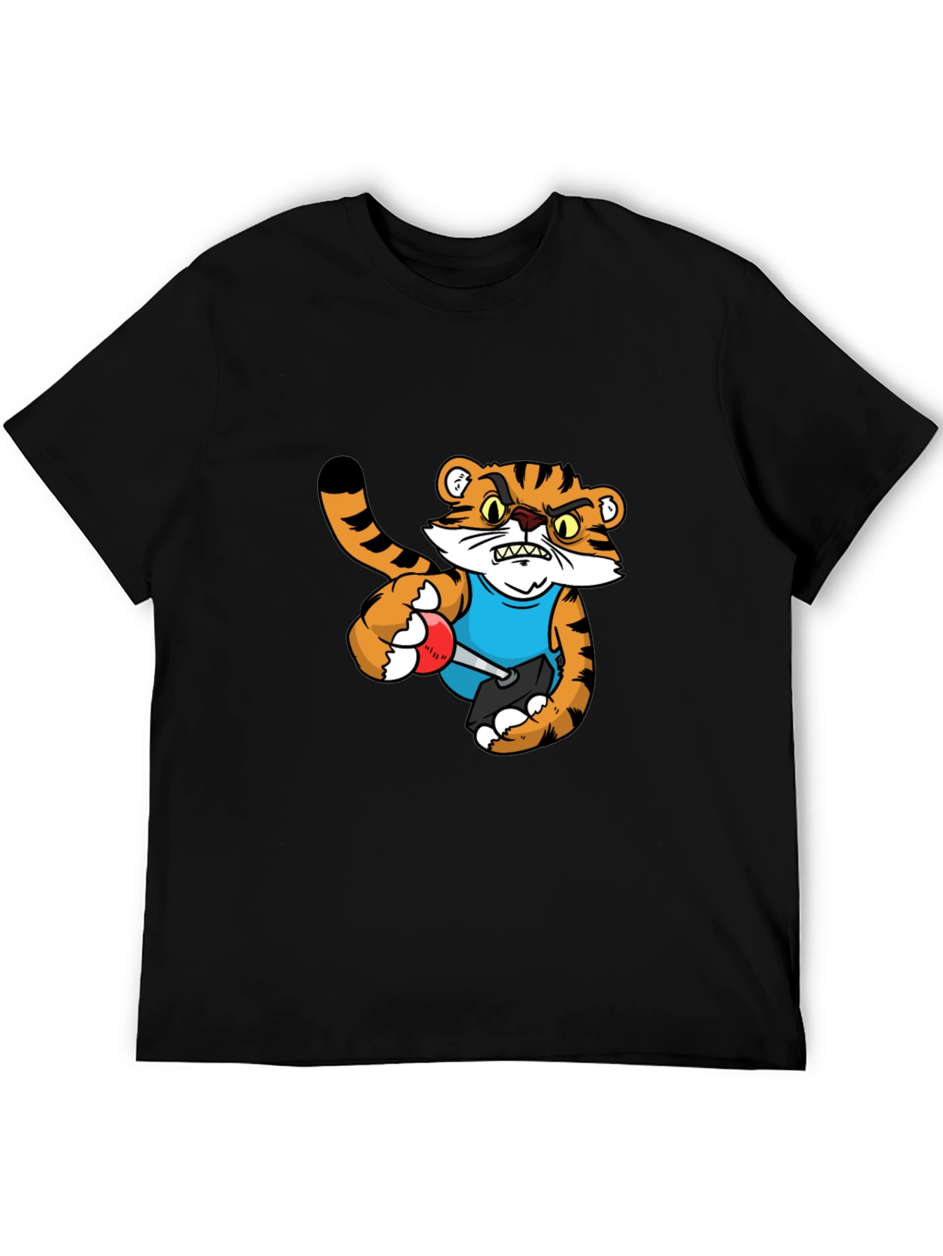 Mens Black T-Shirt with Tiger Cartoon Graphic