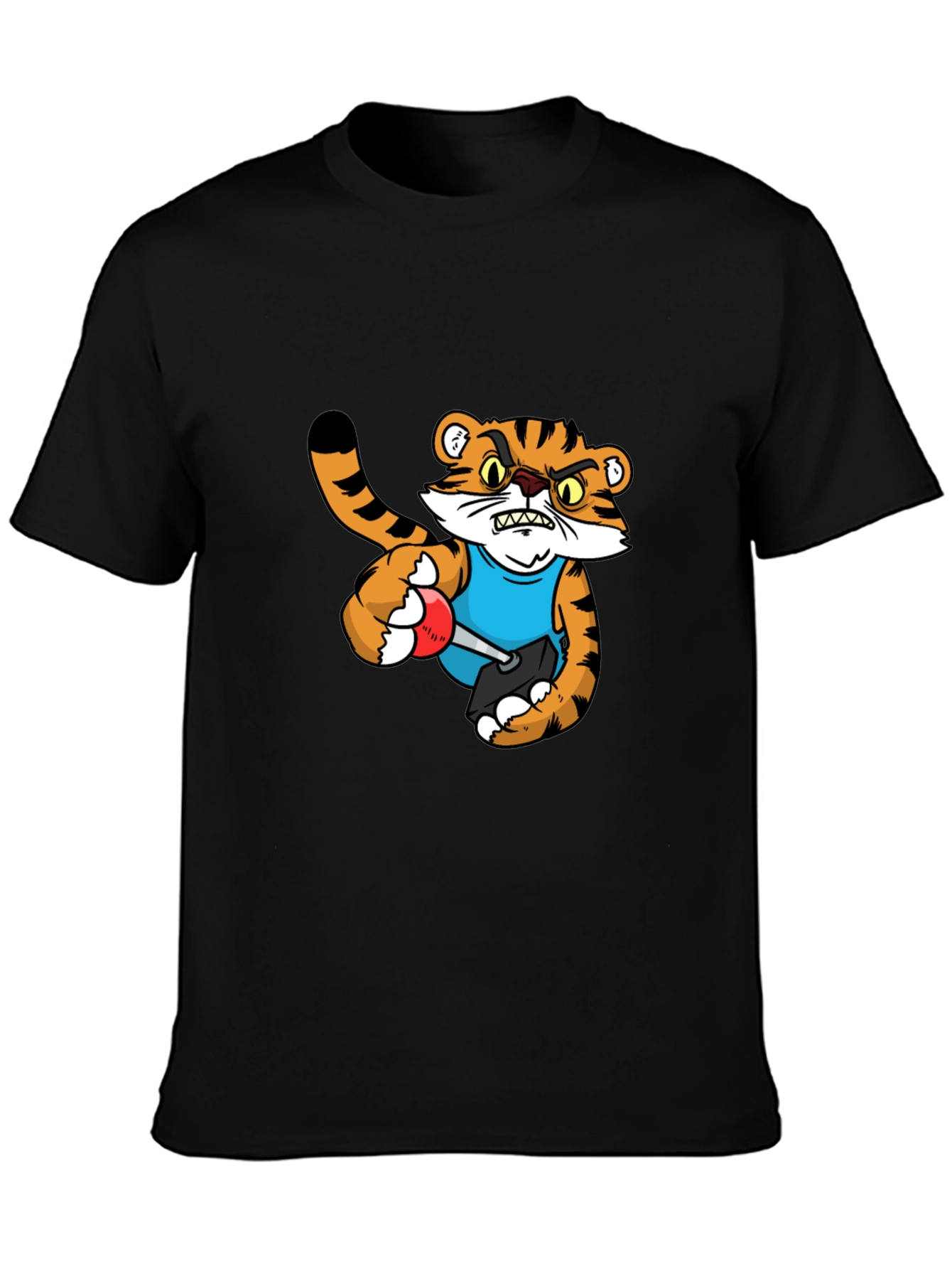 Mens Black T-Shirt with Tiger Cartoon Graphic