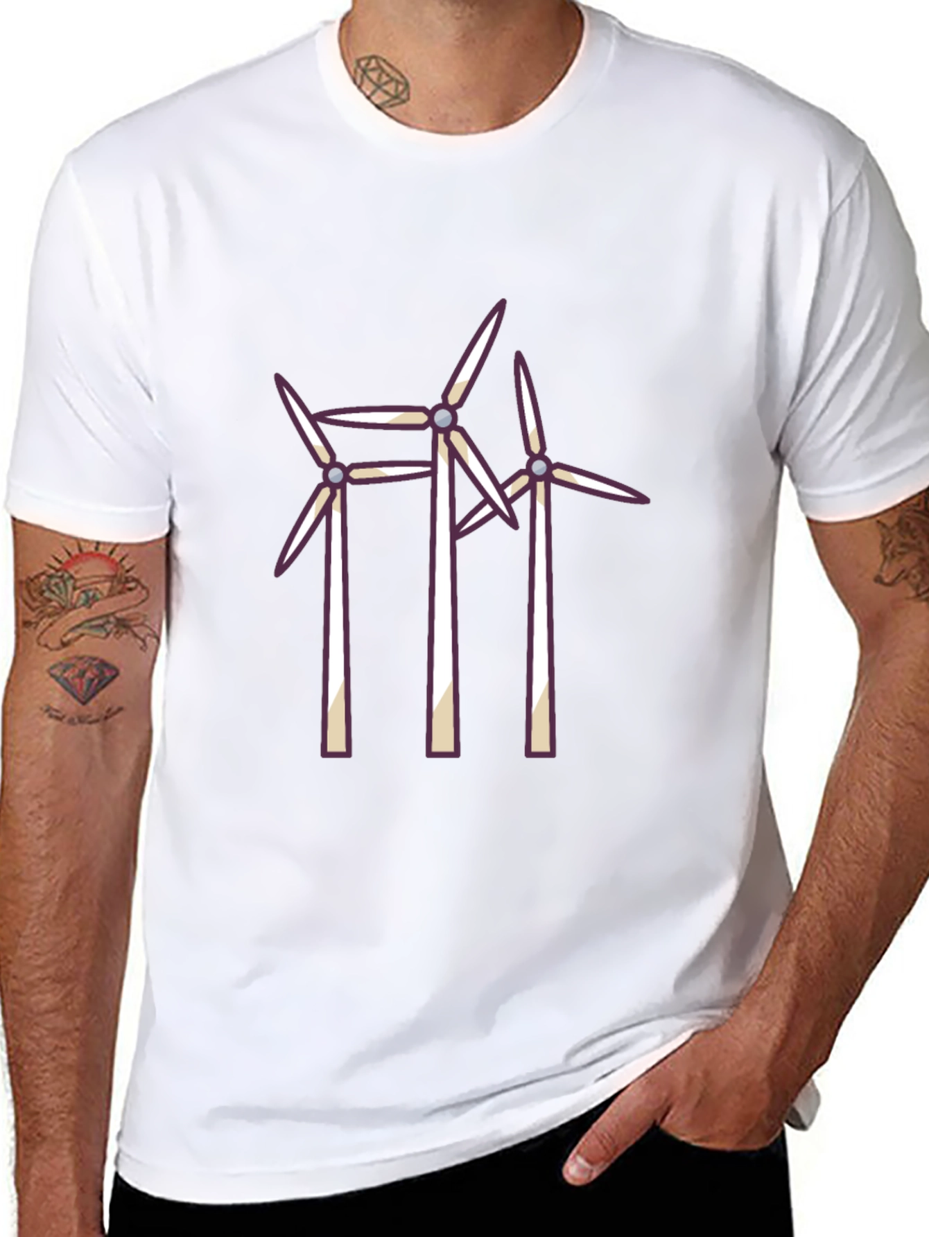 Wind Turbine Graphic Tee - Black Cotton T-Shirt