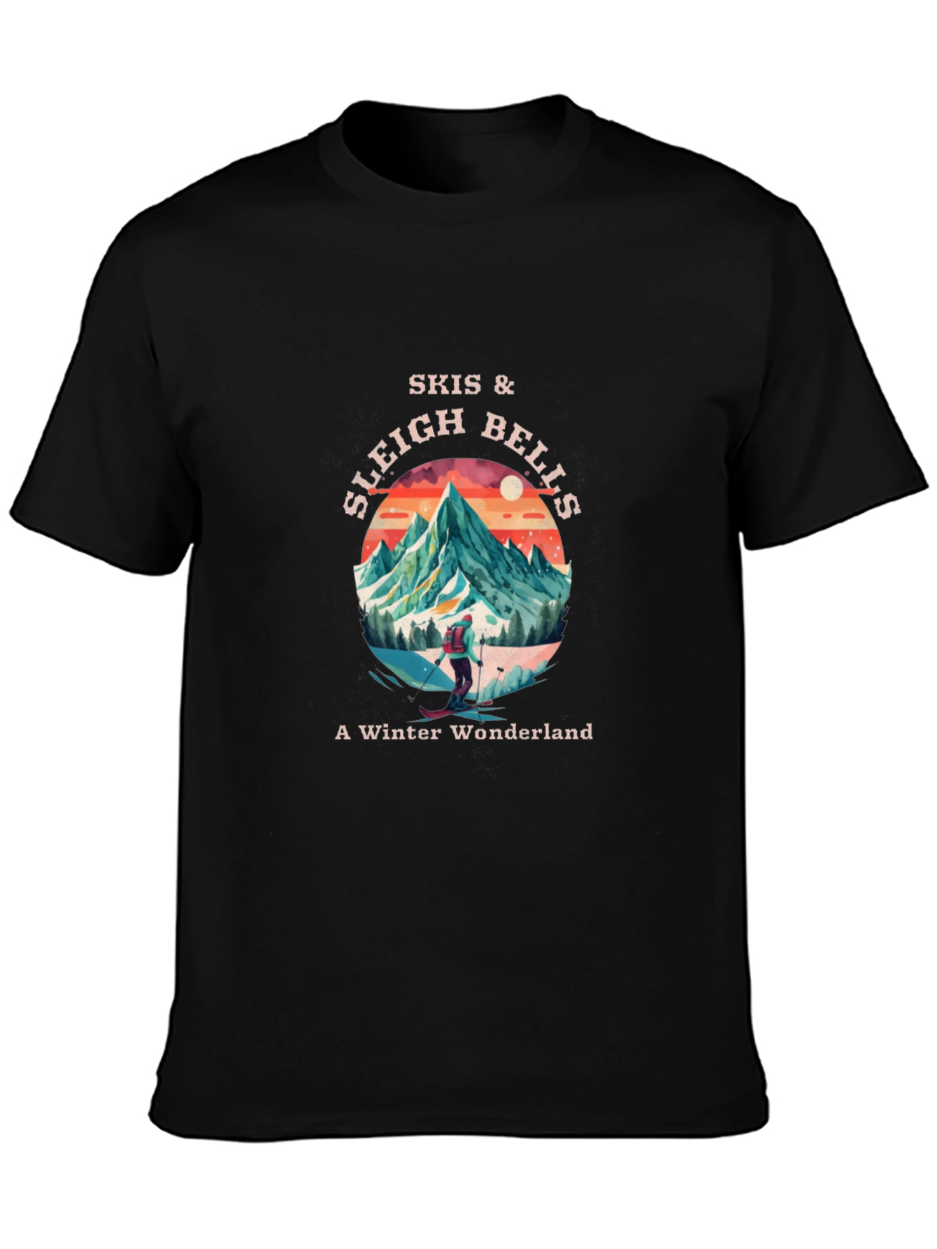 Skis & Sleigh Bells Winter Wonderland Black T-Shirt