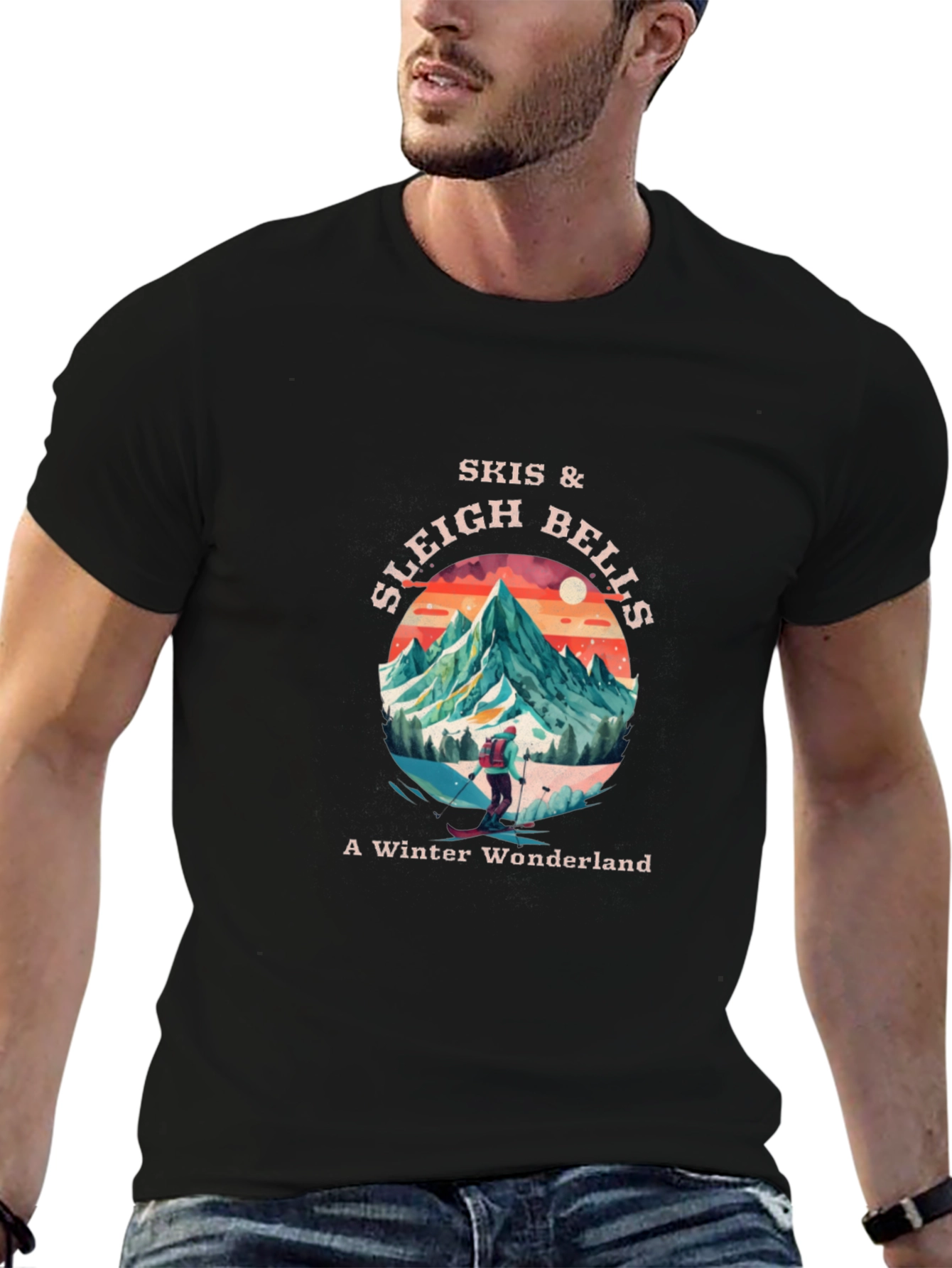Skis & Sleigh Bells Winter Wonderland Black T-Shirt