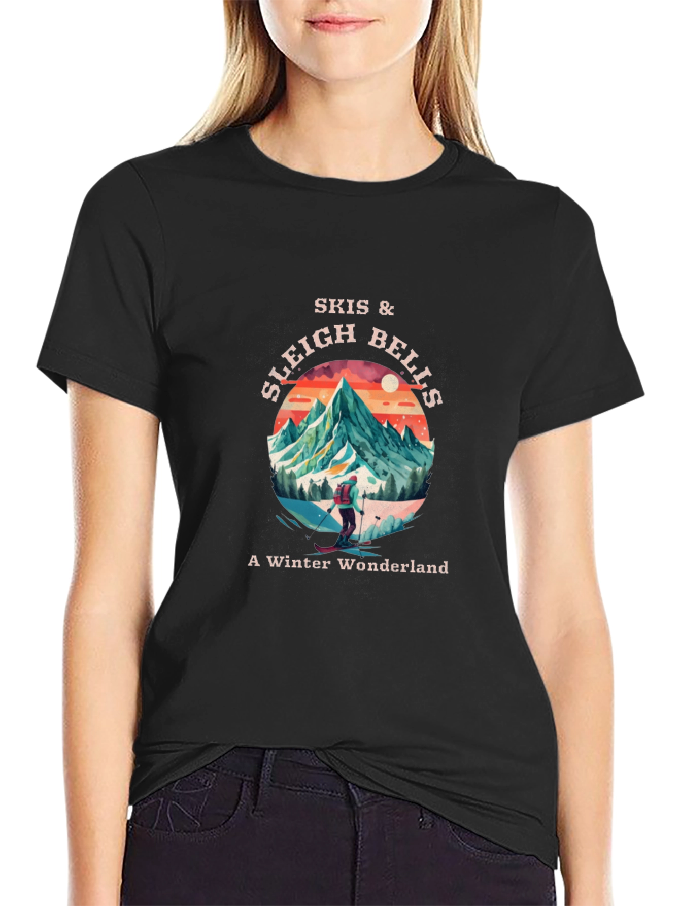 Skis & Sleigh Bells Winter Wonderland Black T-Shirt