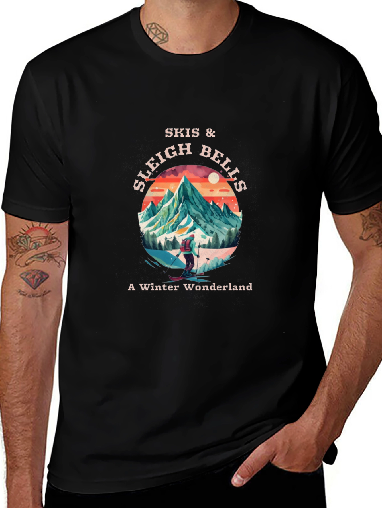 Skis & Sleigh Bells Winter Wonderland Black T-Shirt