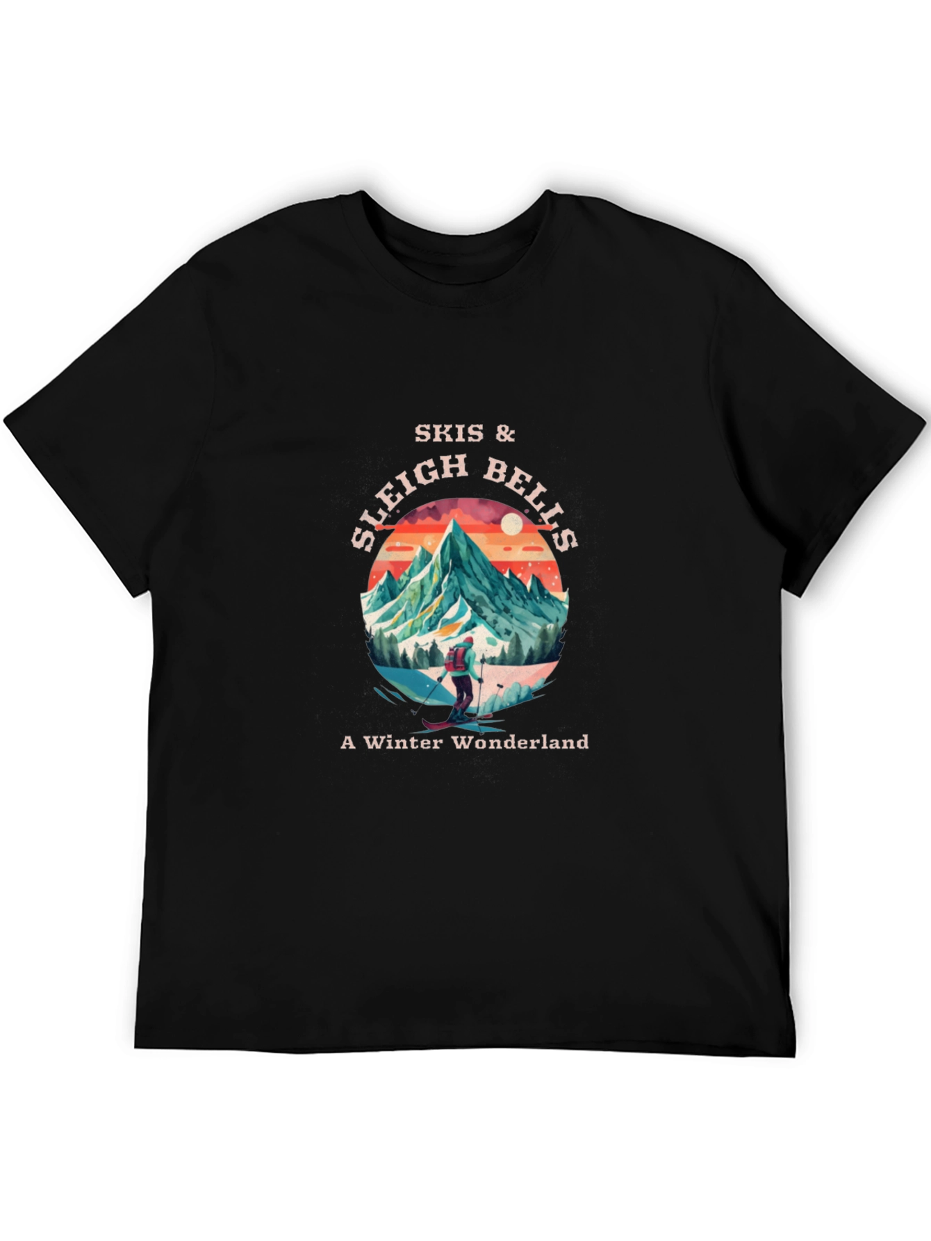 Skis & Sleigh Bells Winter Wonderland Black T-Shirt