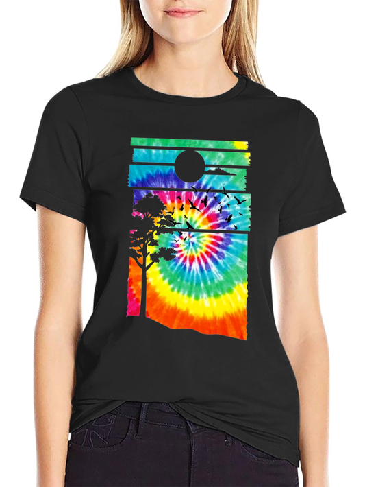 Tie-Dye Sunset Graphic Tee - Black Casual Shirt
