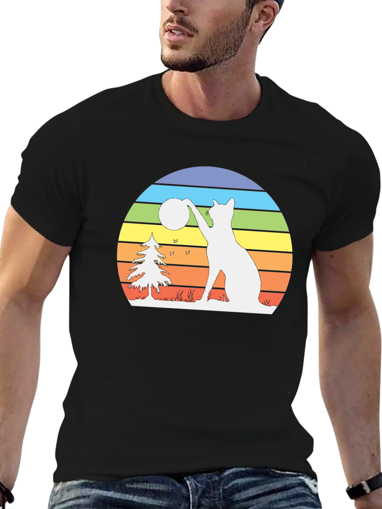 Retro Cat & Moon Graphic Tee - Black