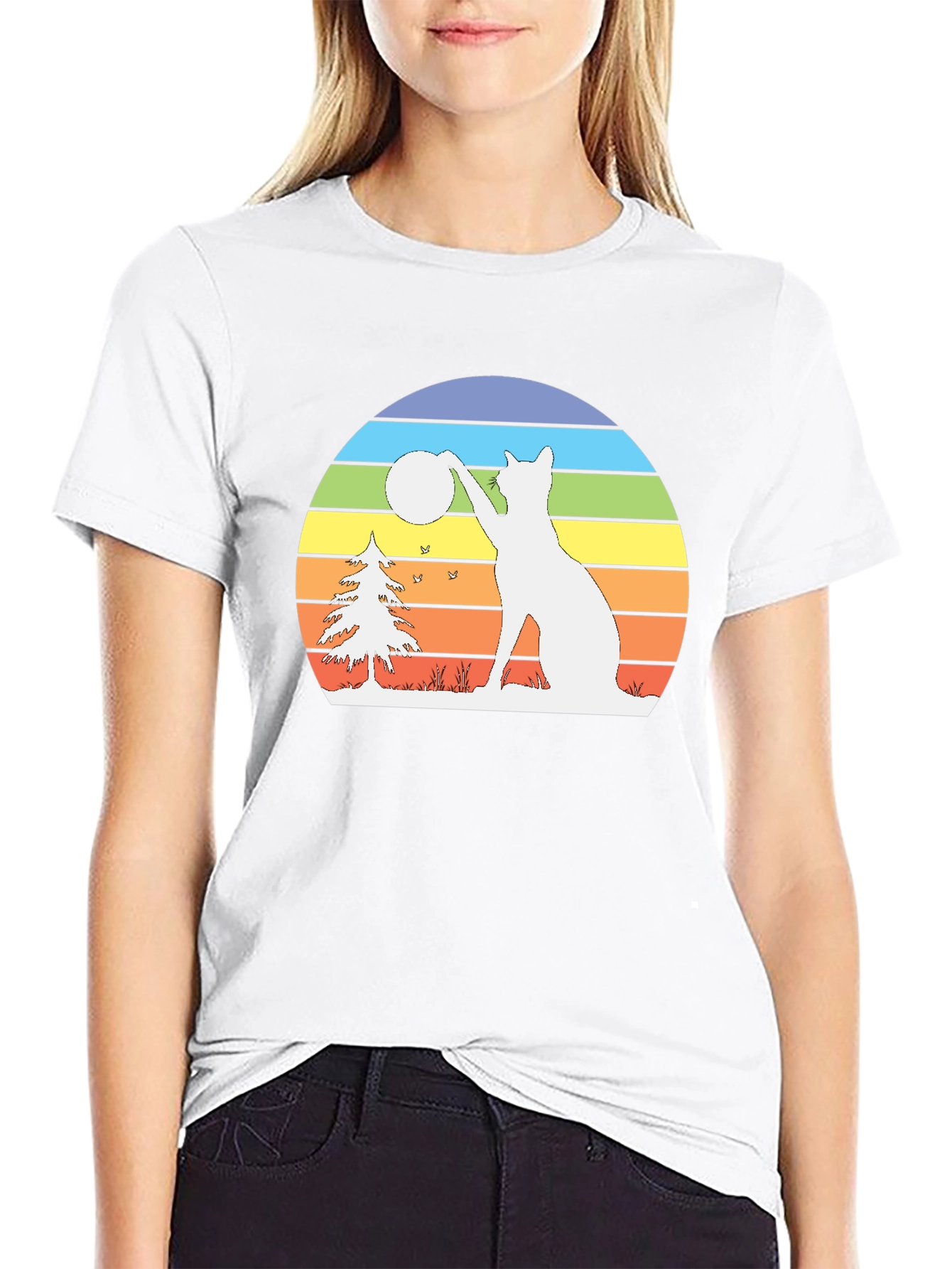 Retro Cat & Moon Graphic Tee - Black