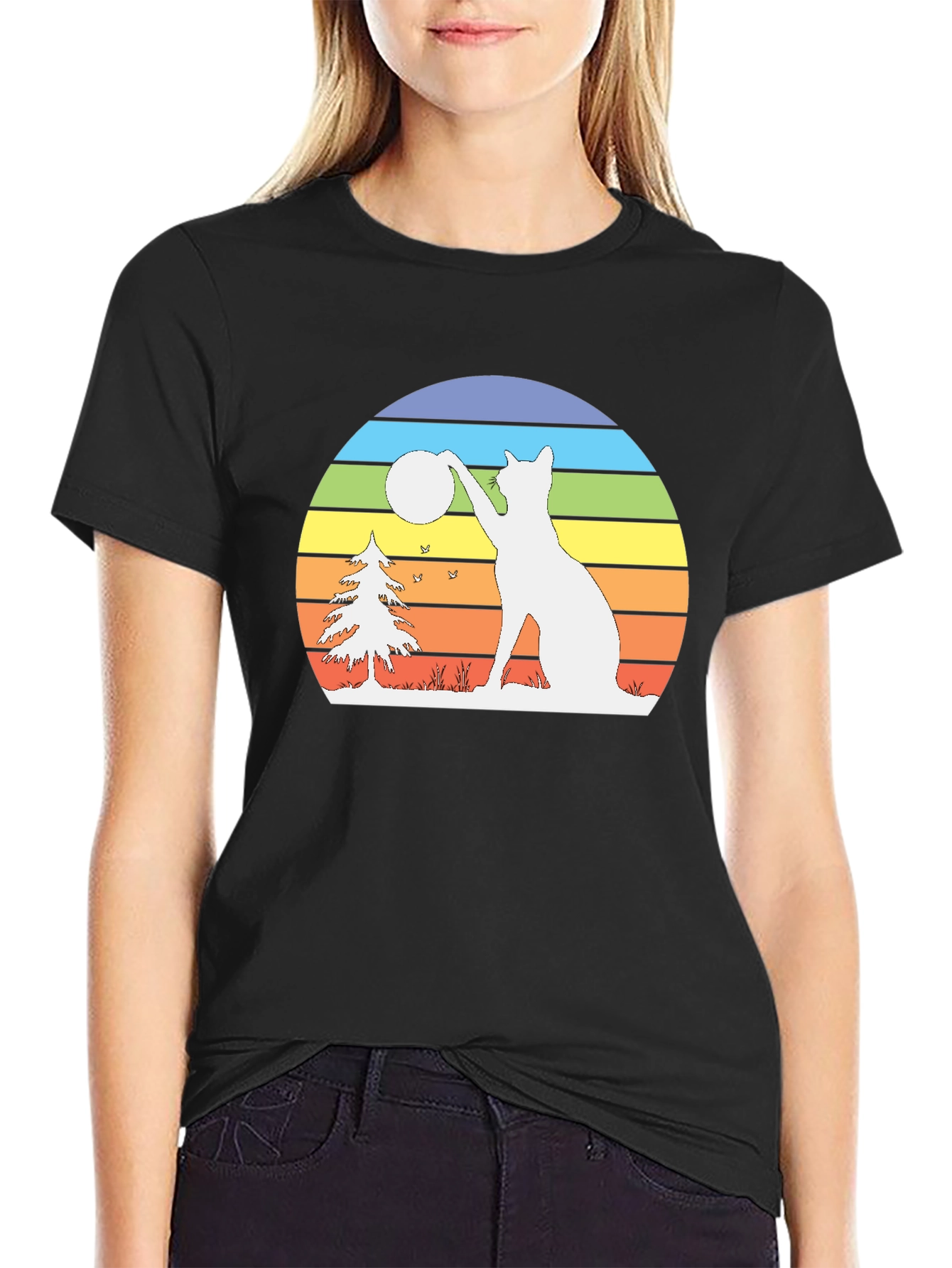 Retro Cat & Moon Graphic Tee - Black