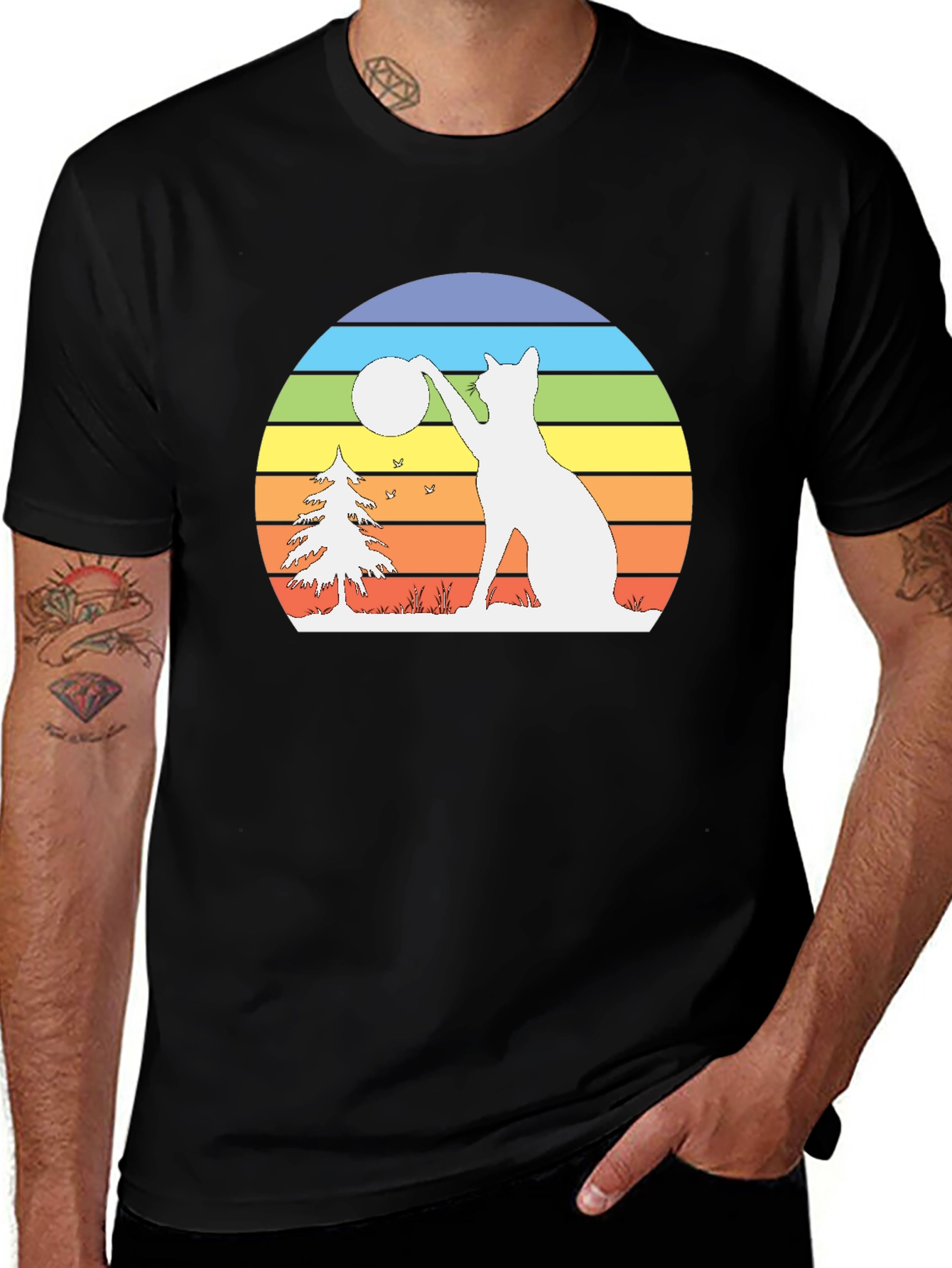 Retro Cat & Moon Graphic Tee - Black
