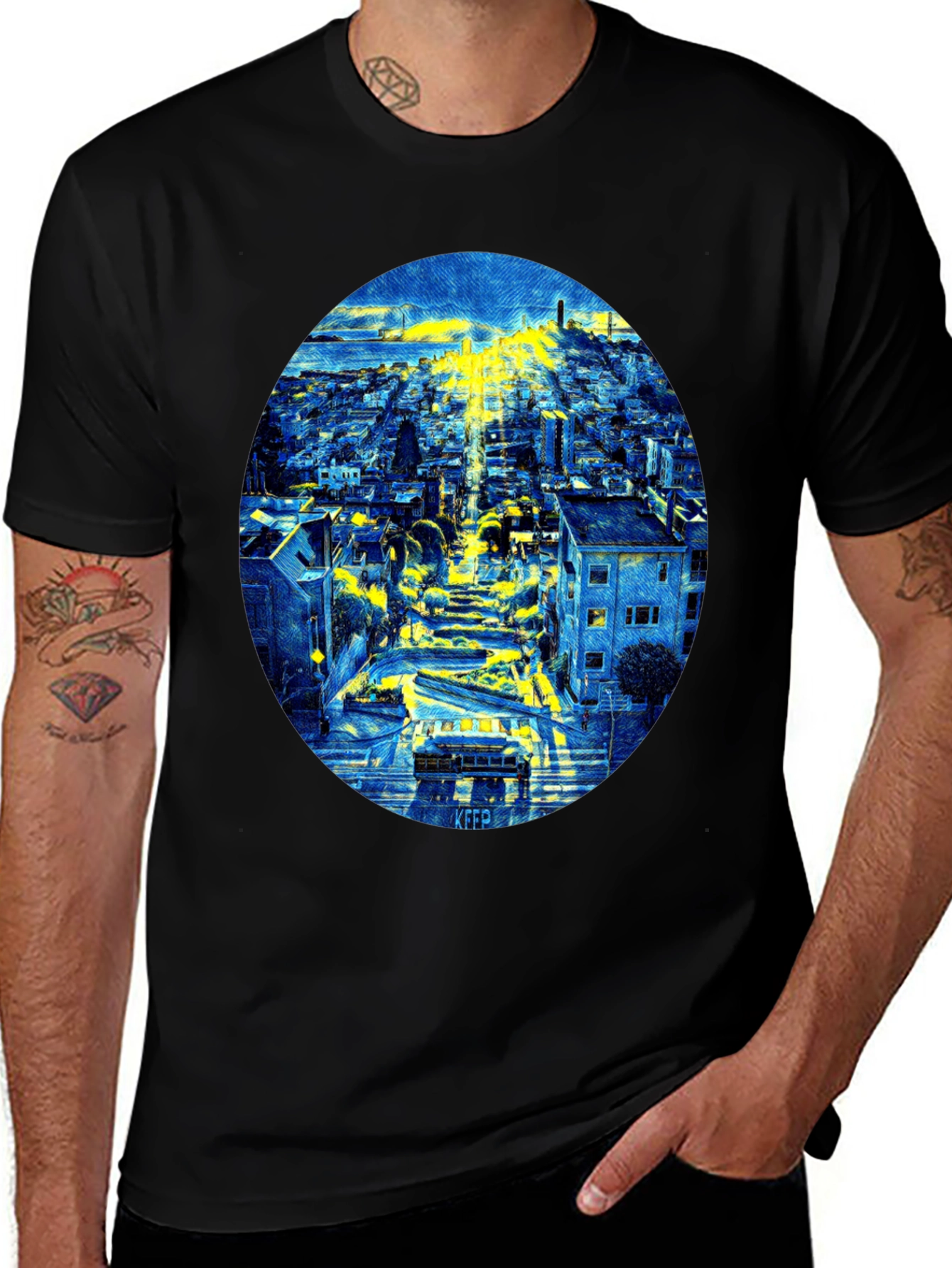 Cityscape Oval Print Black T-Shirt