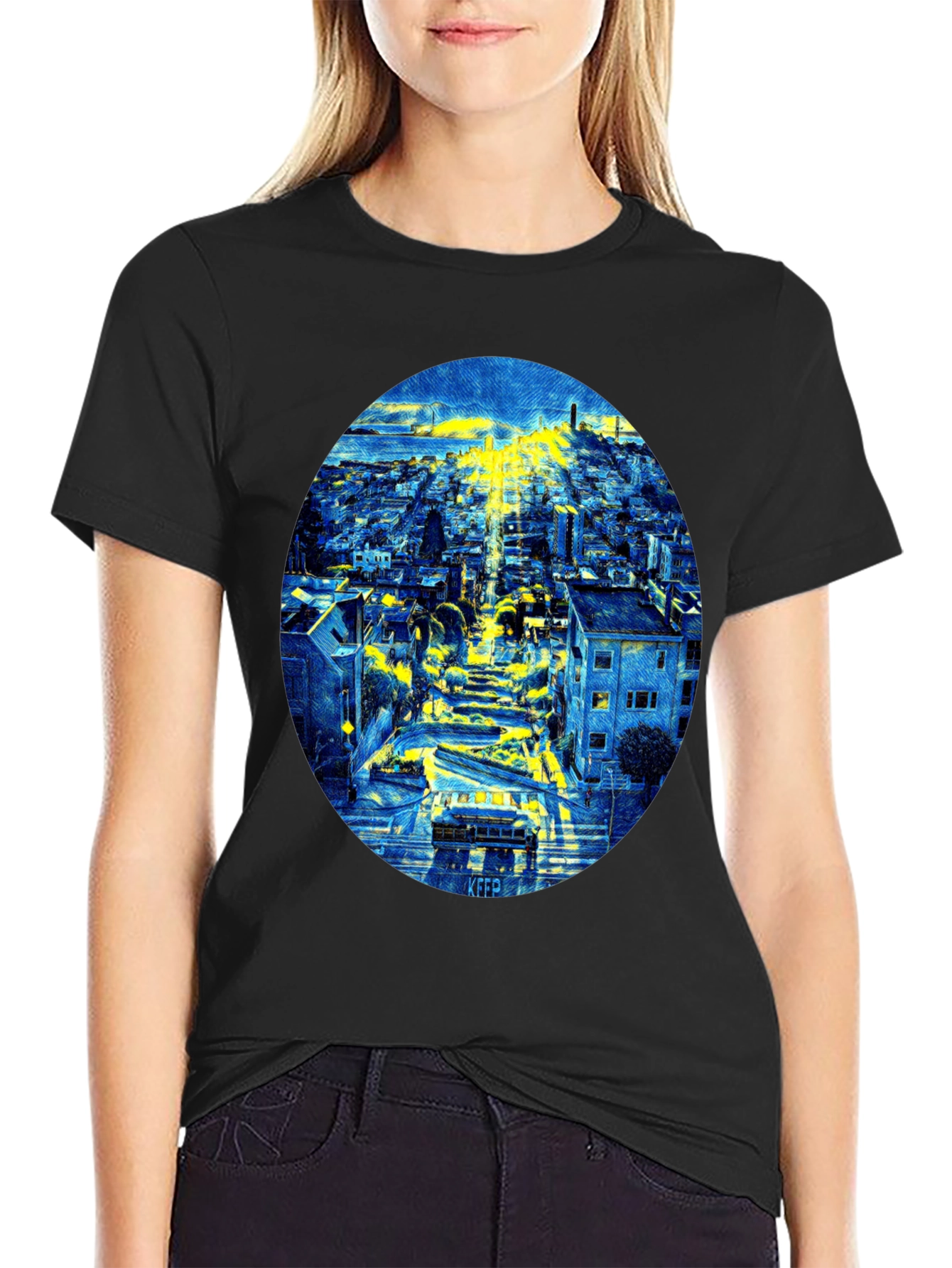 Cityscape Oval Print Black T-Shirt