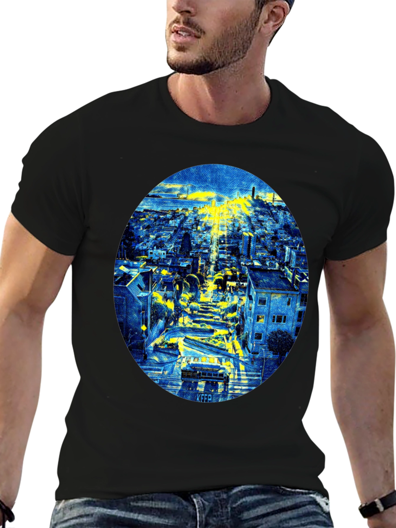 Cityscape Oval Print Black T-Shirt