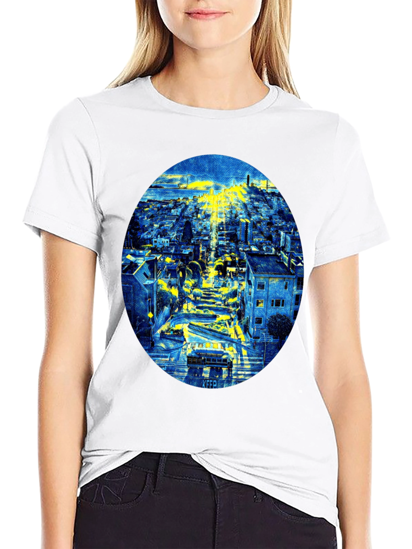 Cityscape Oval Print Black T-Shirt