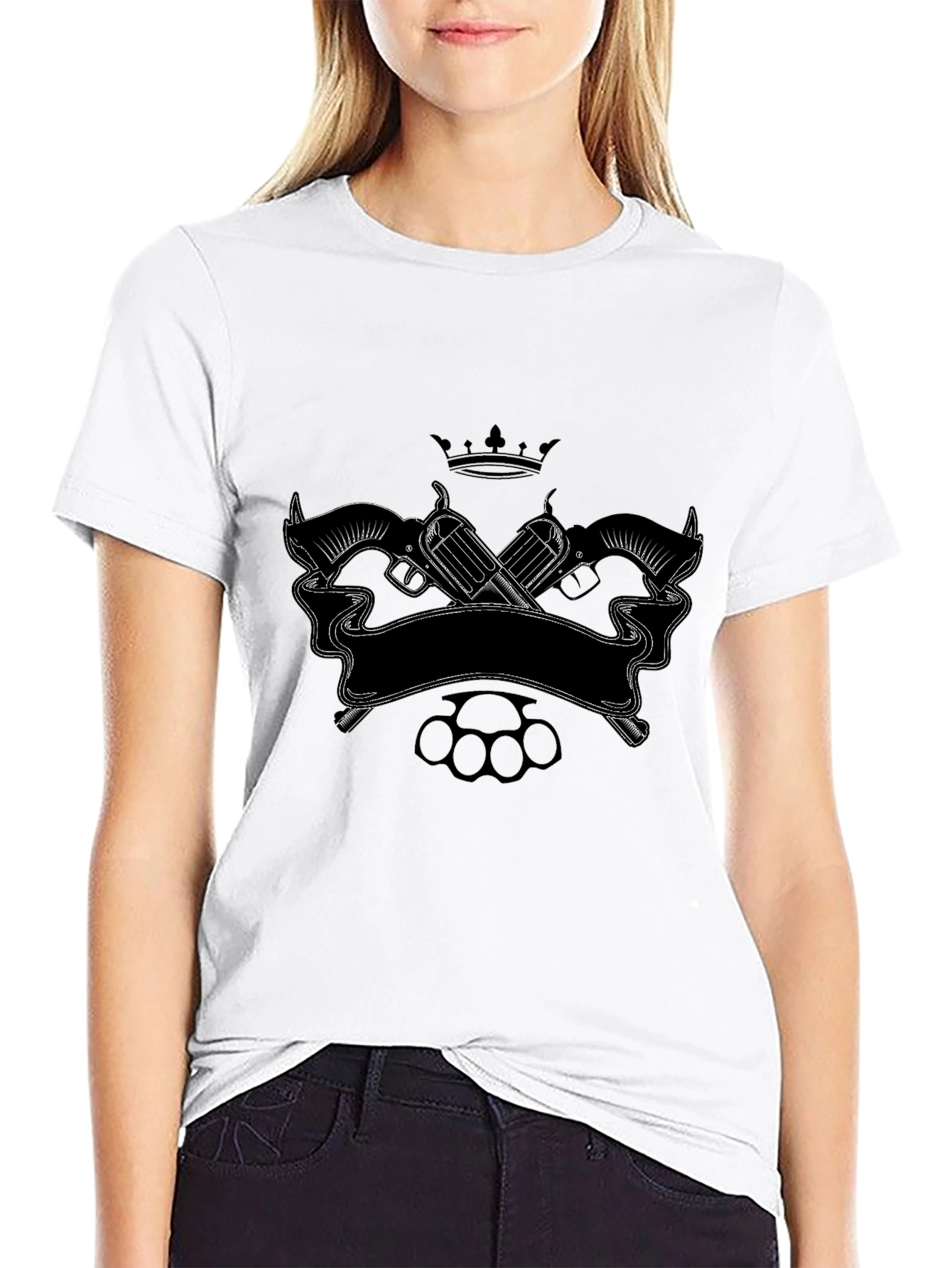 Black T-Shirt with Crown Guns & Knuckles Graphic