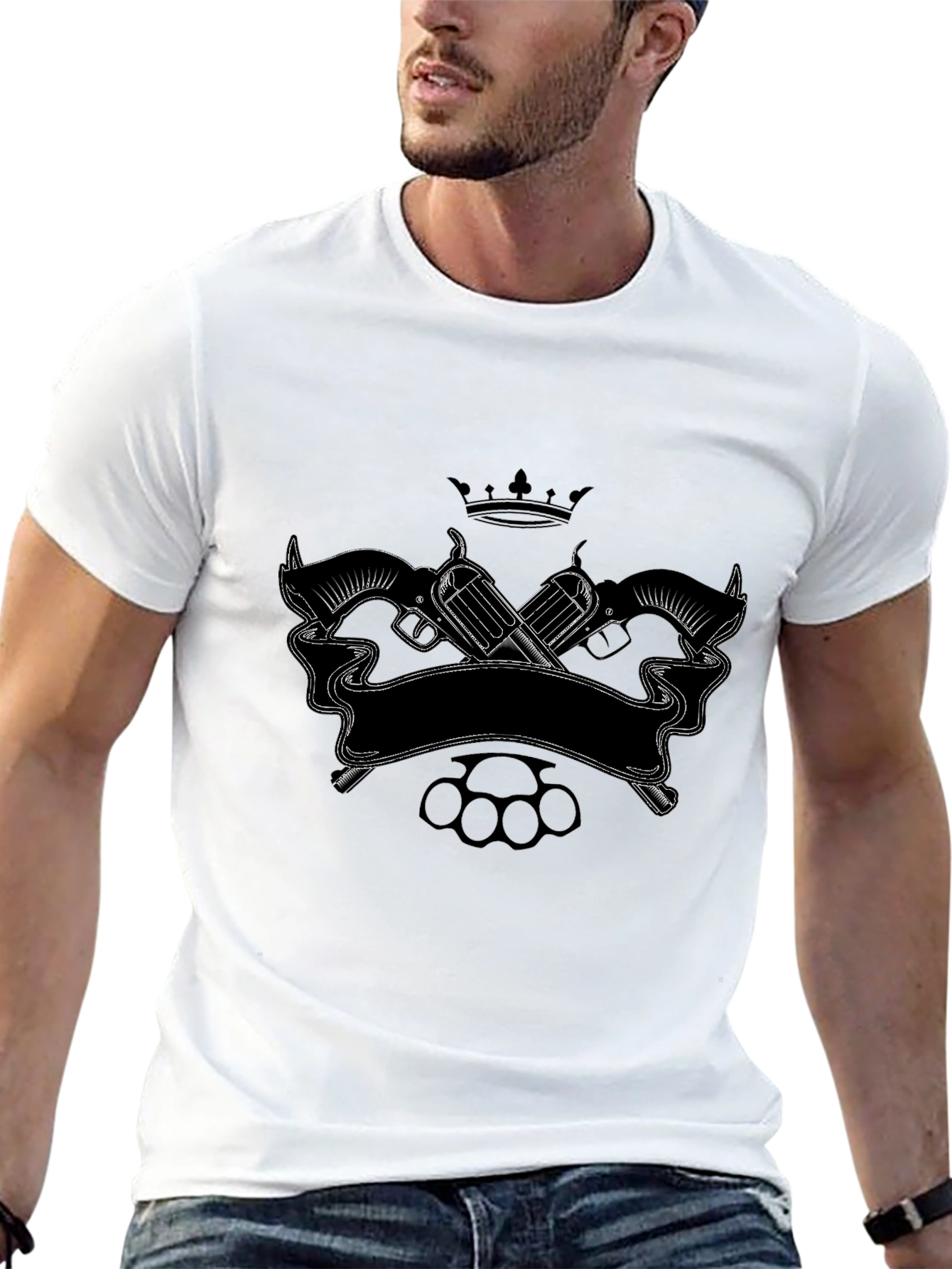 Black T-Shirt with Crown Guns & Knuckles Graphic