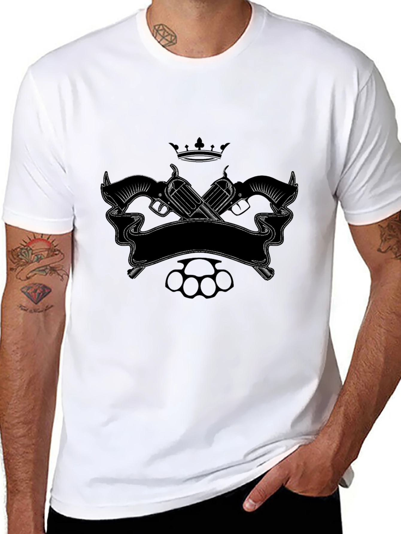 Black T-Shirt with Crown Guns & Knuckles Graphic