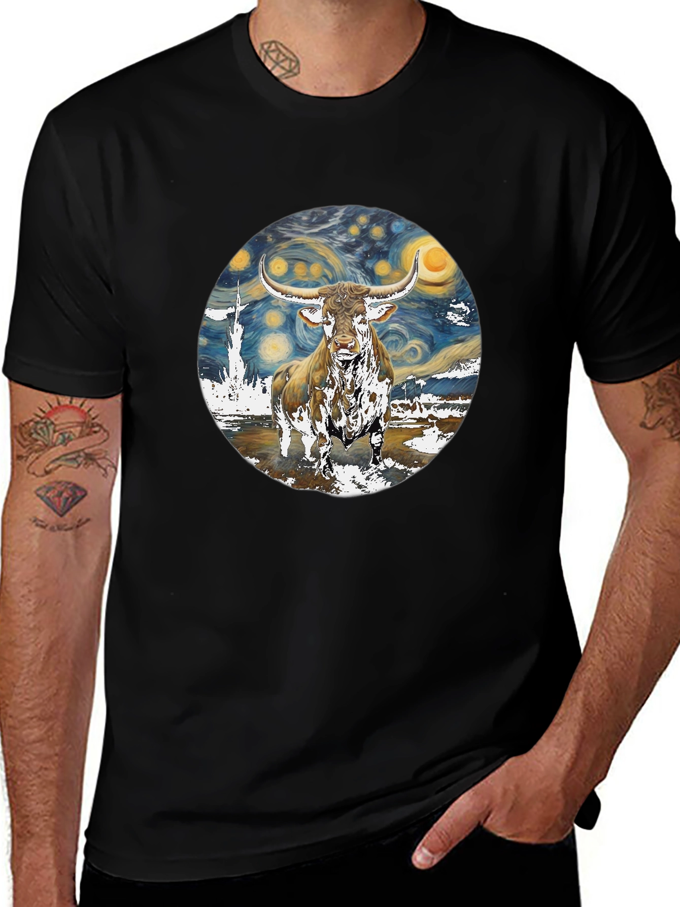 Starry Night Longhorn Bull Graphic Tee