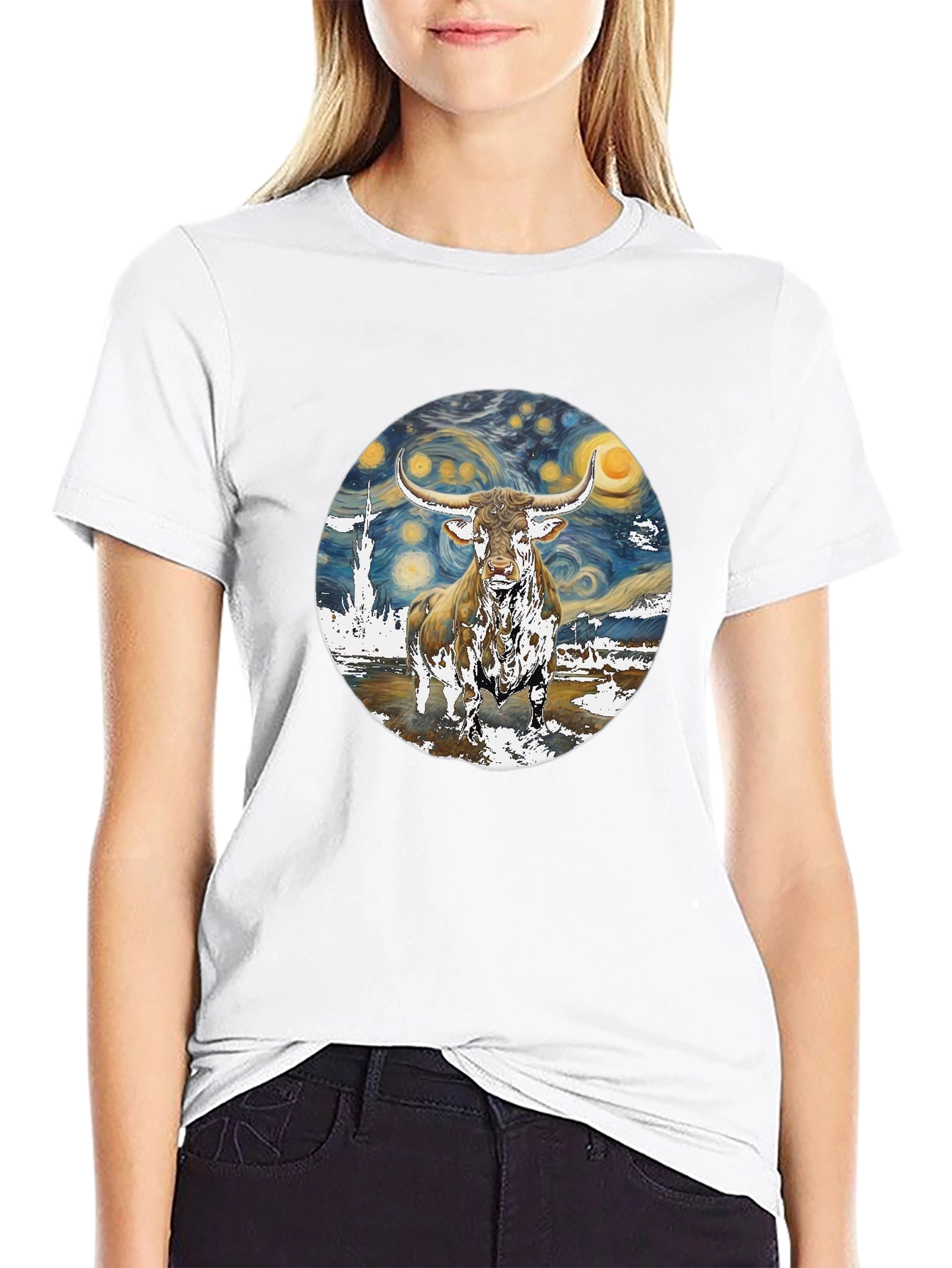 Starry Night Longhorn Bull Graphic Tee