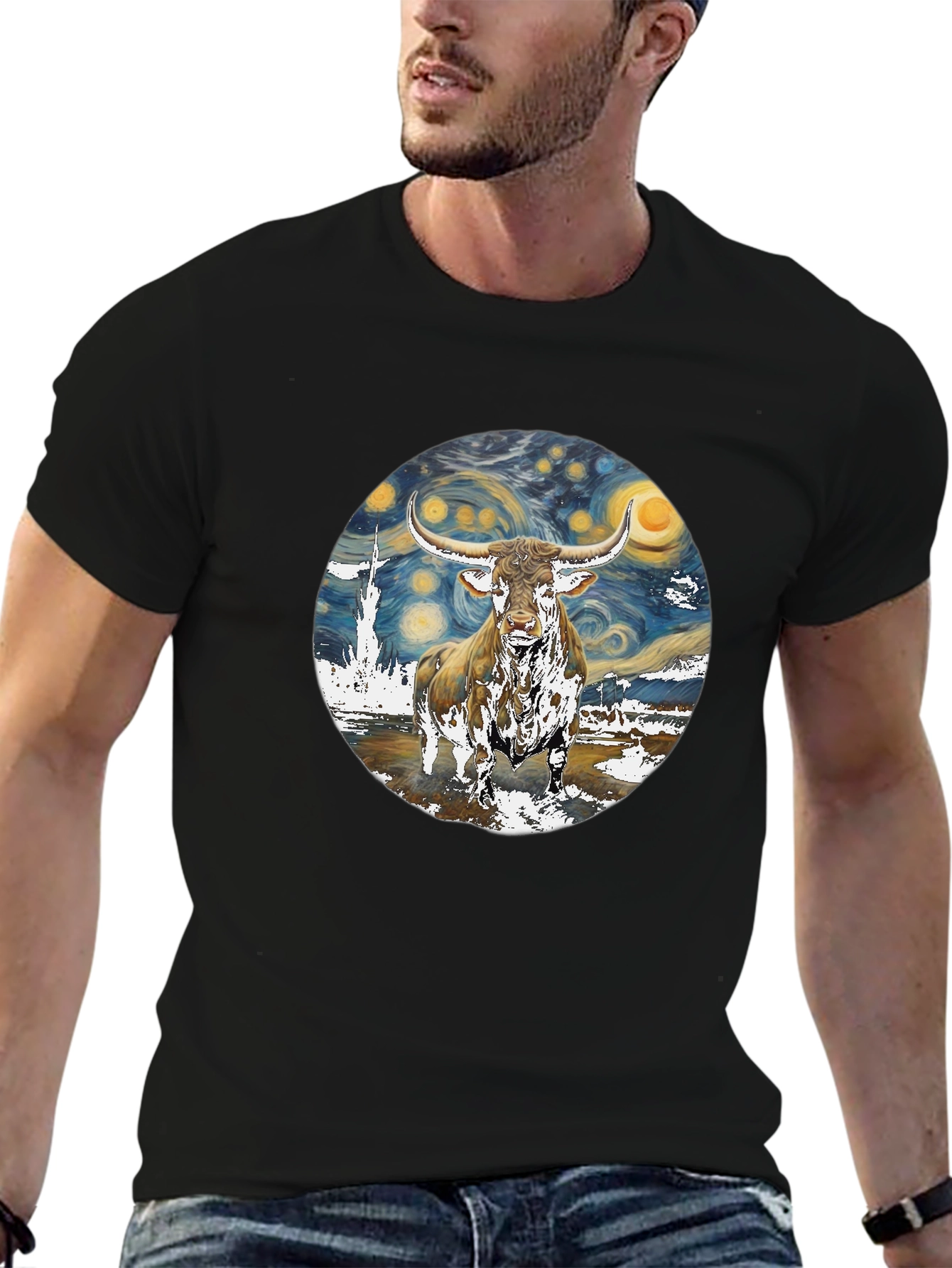 Starry Night Longhorn Bull Graphic Tee