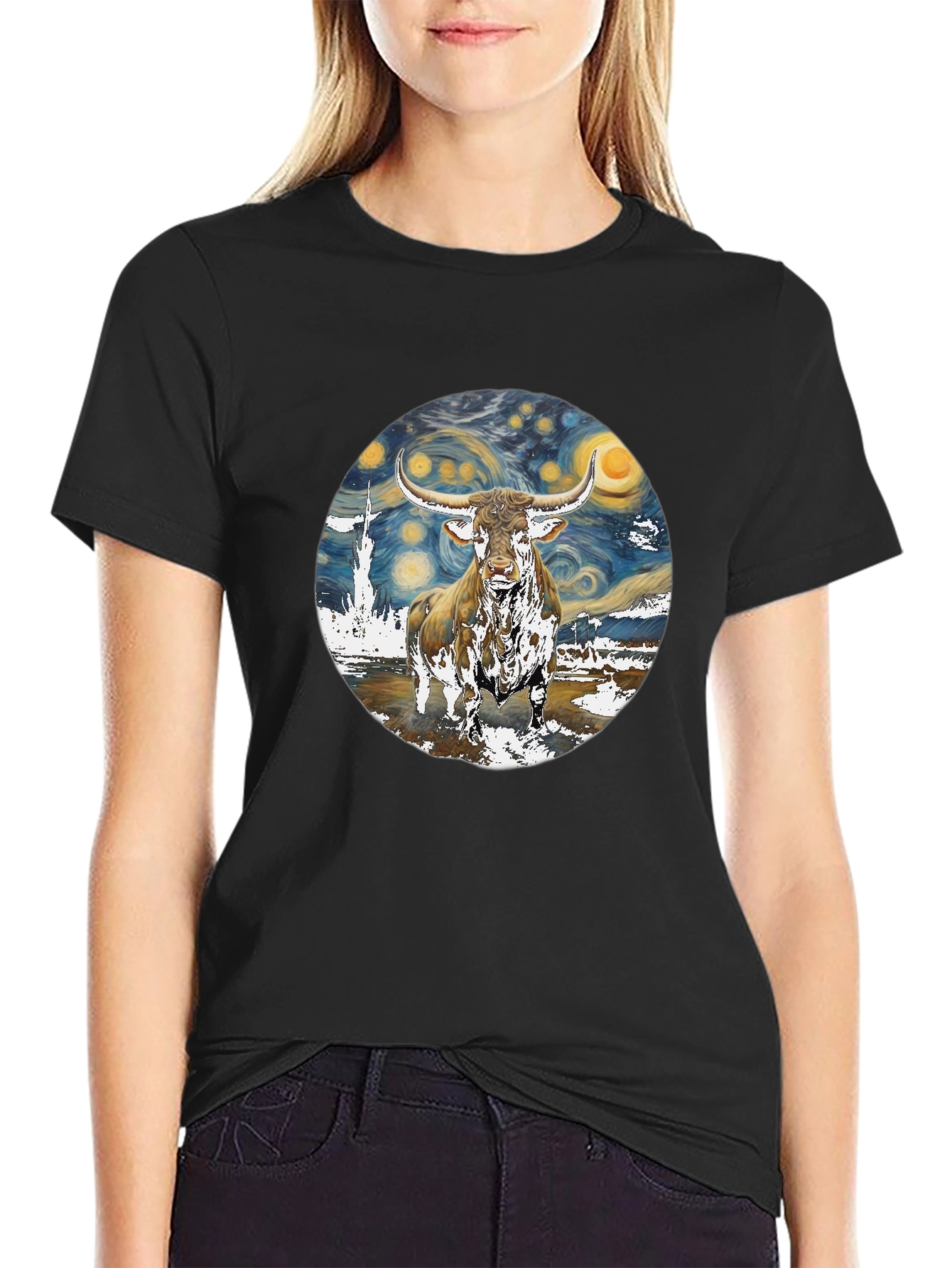 Starry Night Longhorn Bull Graphic Tee