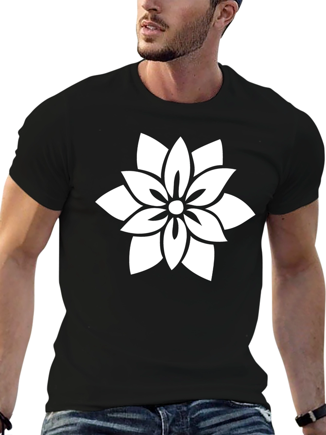 Black T-Shirt with White Floral Design