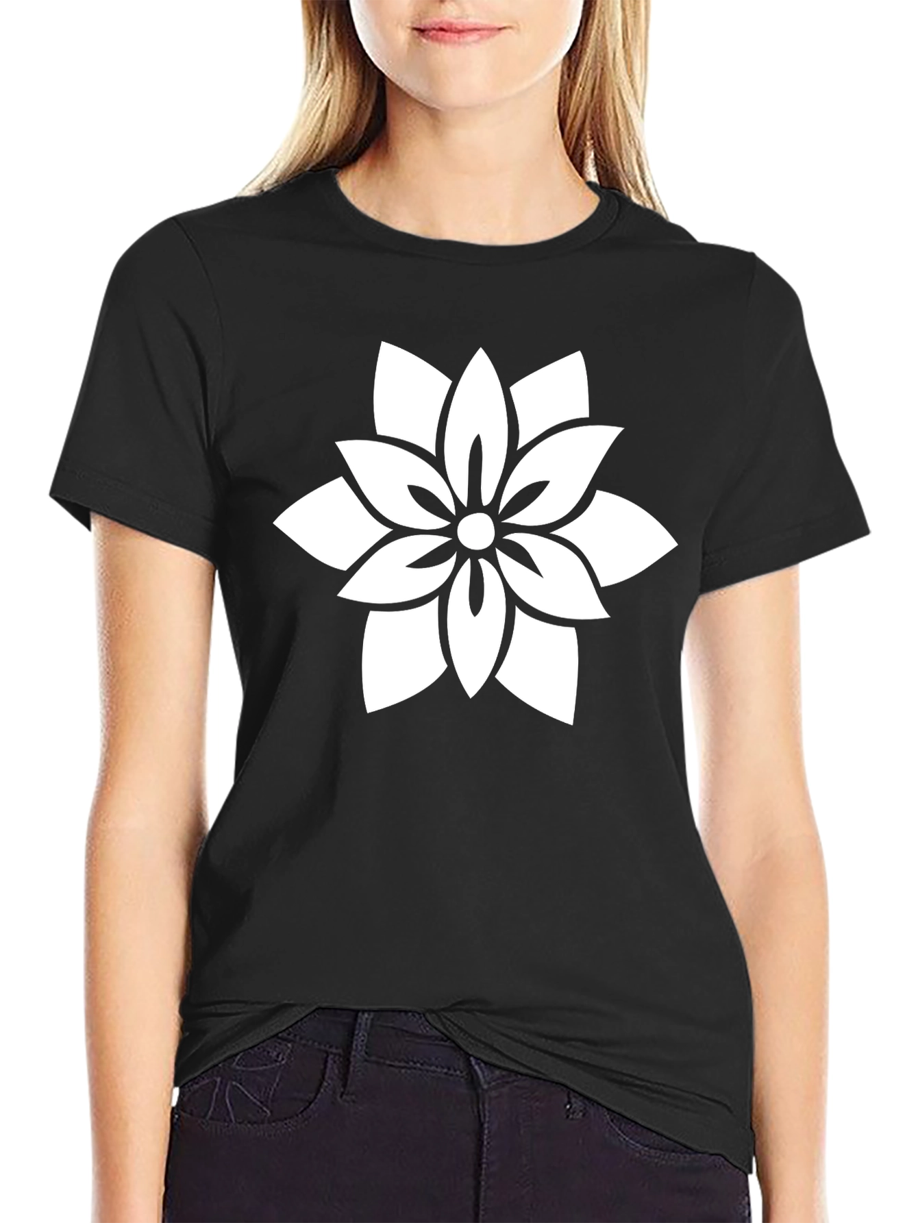 Black T-Shirt with White Floral Design